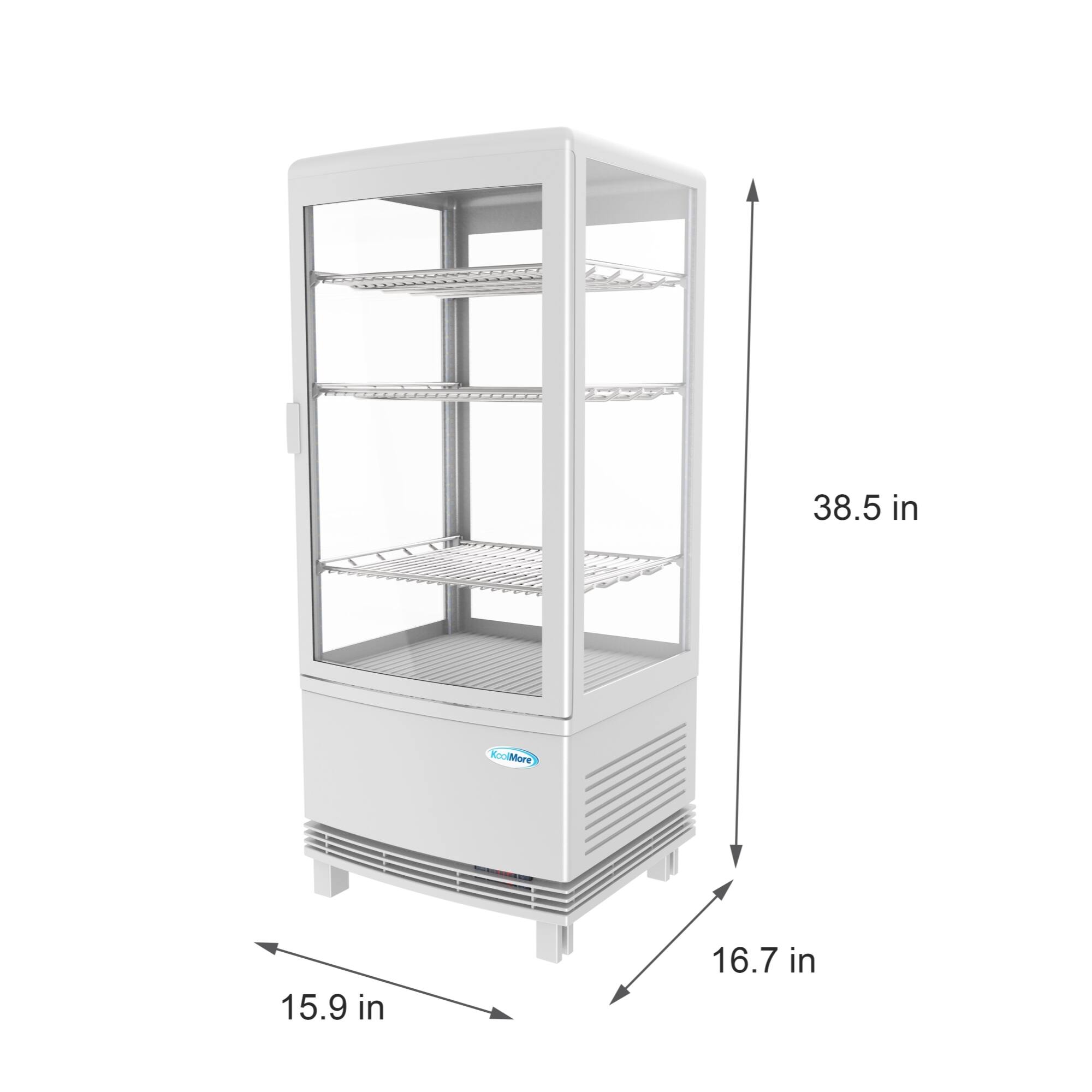 The text on the image reads "38.5 in 15.9 in 16.7 in." This indicates that the refrigerator is 38.5 inches tall, 15.9 inches wide, and 16.7 inches deep.