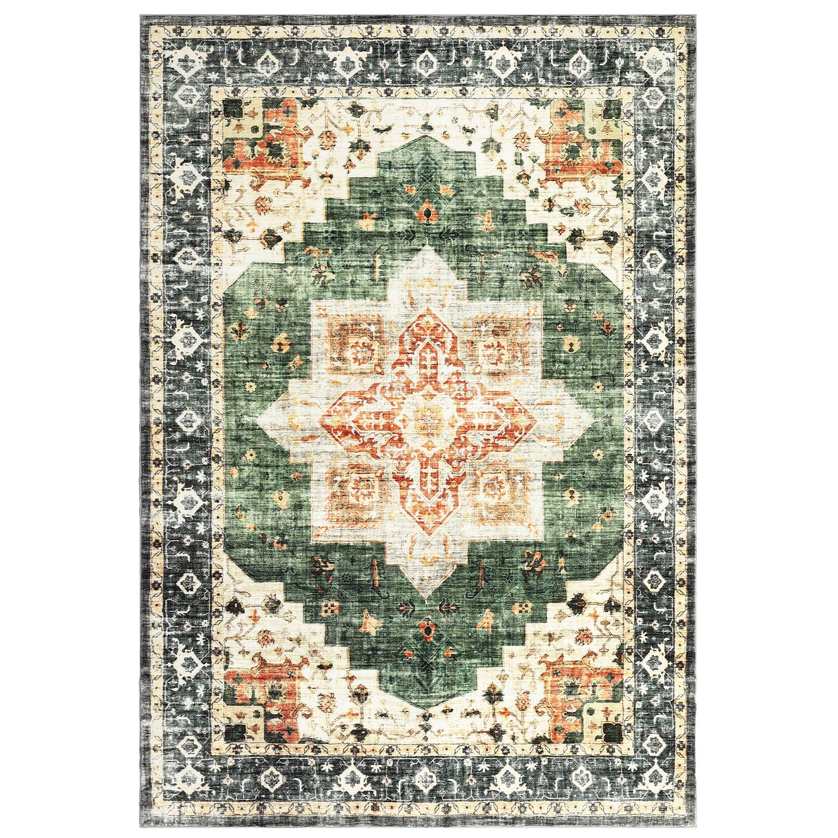 Front. GAOMON - Medallion Area Rug Machine Washable Low Pile Pet Friendly Foldable Floor Cover for Living Room Bathroom - Green.