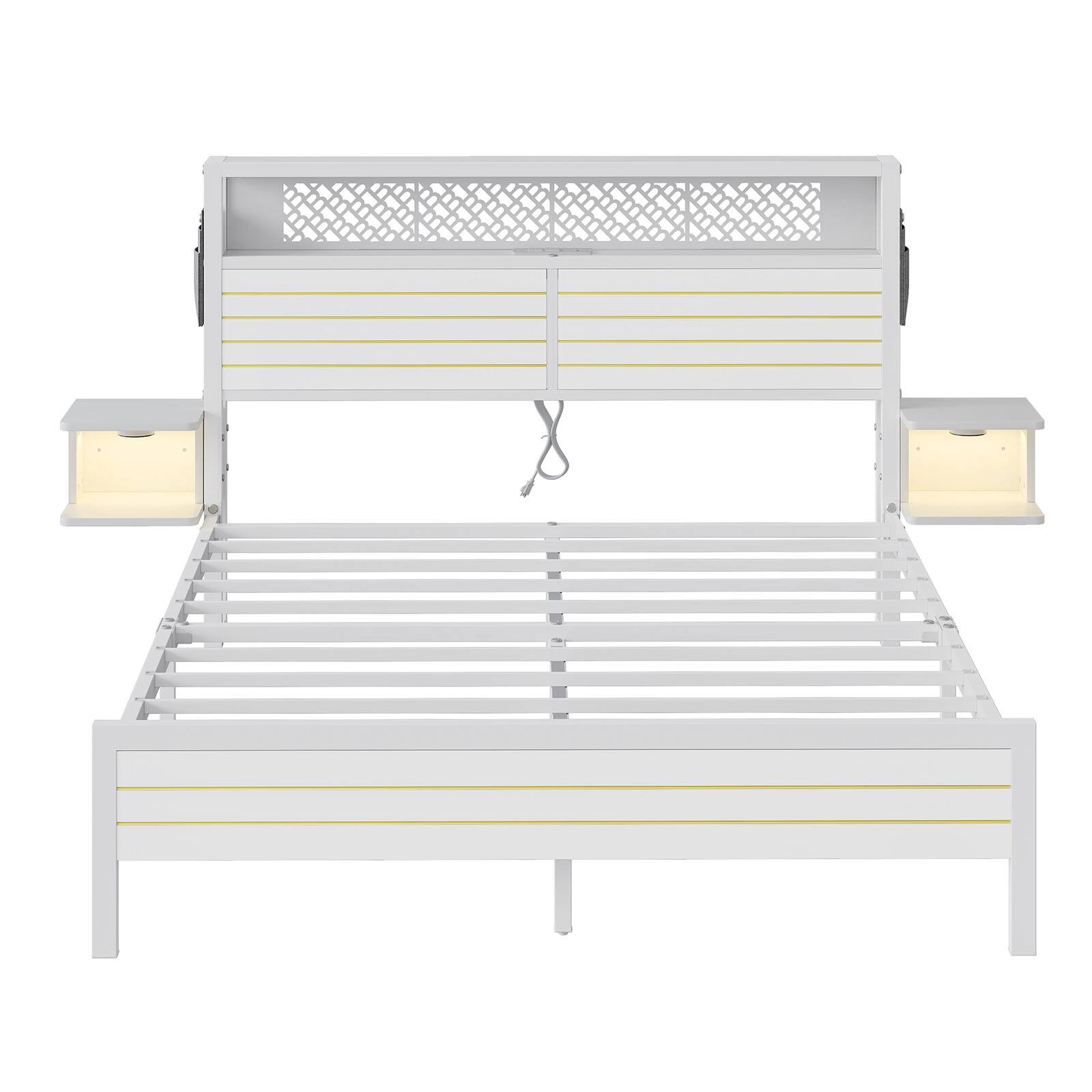 Alt View 6. Bestier - Bestier Queen Gaming Bed Frame Golden Stripe Headboard LED Nightstands with Charging Station - White.