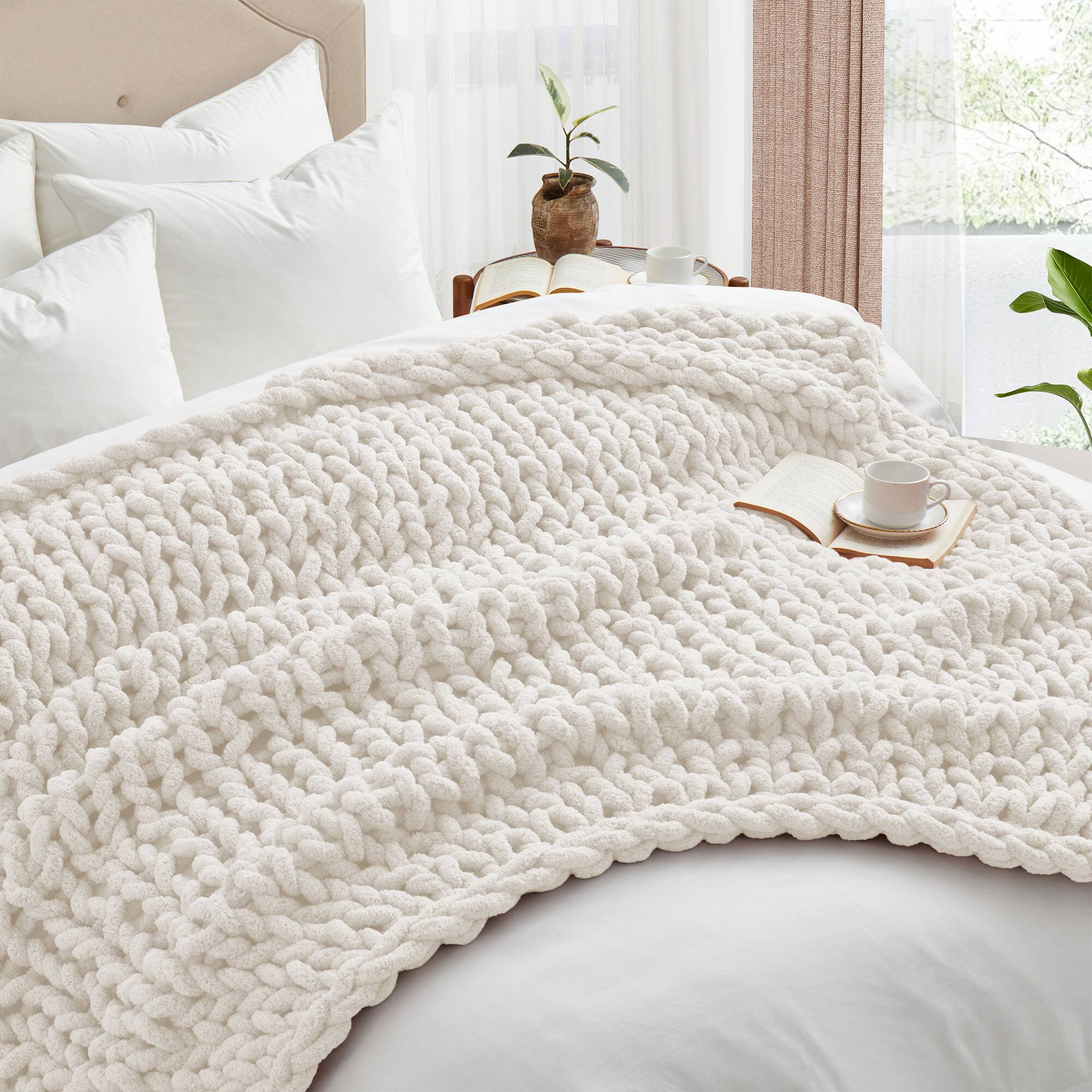 Left. Peace Nest - Peace Nest Handmade Chunky Knit Chenille Yarn Throw Blanket 50"x60", White - White.
