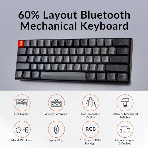 60% Layout Bluetooth Mechanical Keyboard

- 60% Layout
- Wireless or Wired
- Hot-Swappable Option
- Optical or Mechanical Switches
- RGB
- Mac & Windows
- Type-C Plug
- 18 Types of RGB Backlight
- Connects up to 3 Devices