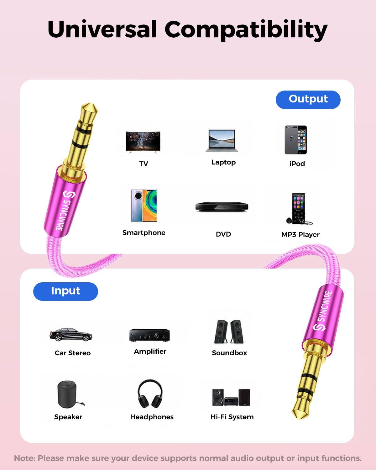 Universal Compatibility

Output
TV
Laptop
iPod
SYNCWIRE
Smartphone
DVD
MP3 Player

Input
Car Stereo
Amplifier
Soundbox
Speaker
Headphones
Hi-Fi System

Note: Please make sure your device supports normal audio output or input functions.