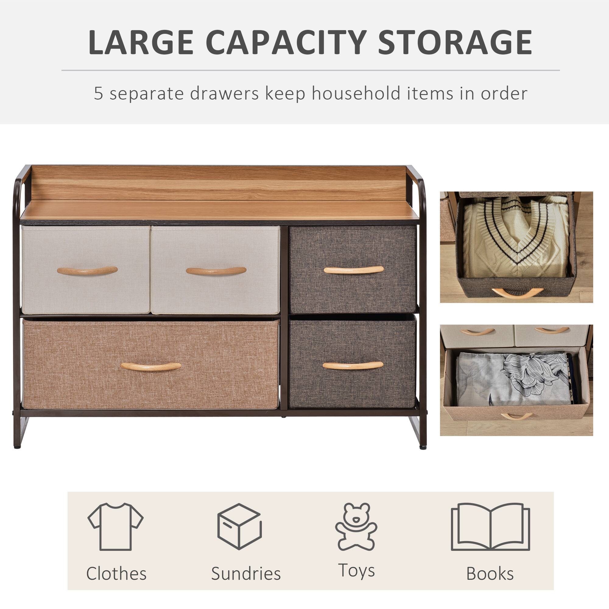 LARGE CAPACITY STORAGE

5 separate drawers keep household items in order

Clothes
Sundries
Toys
Books