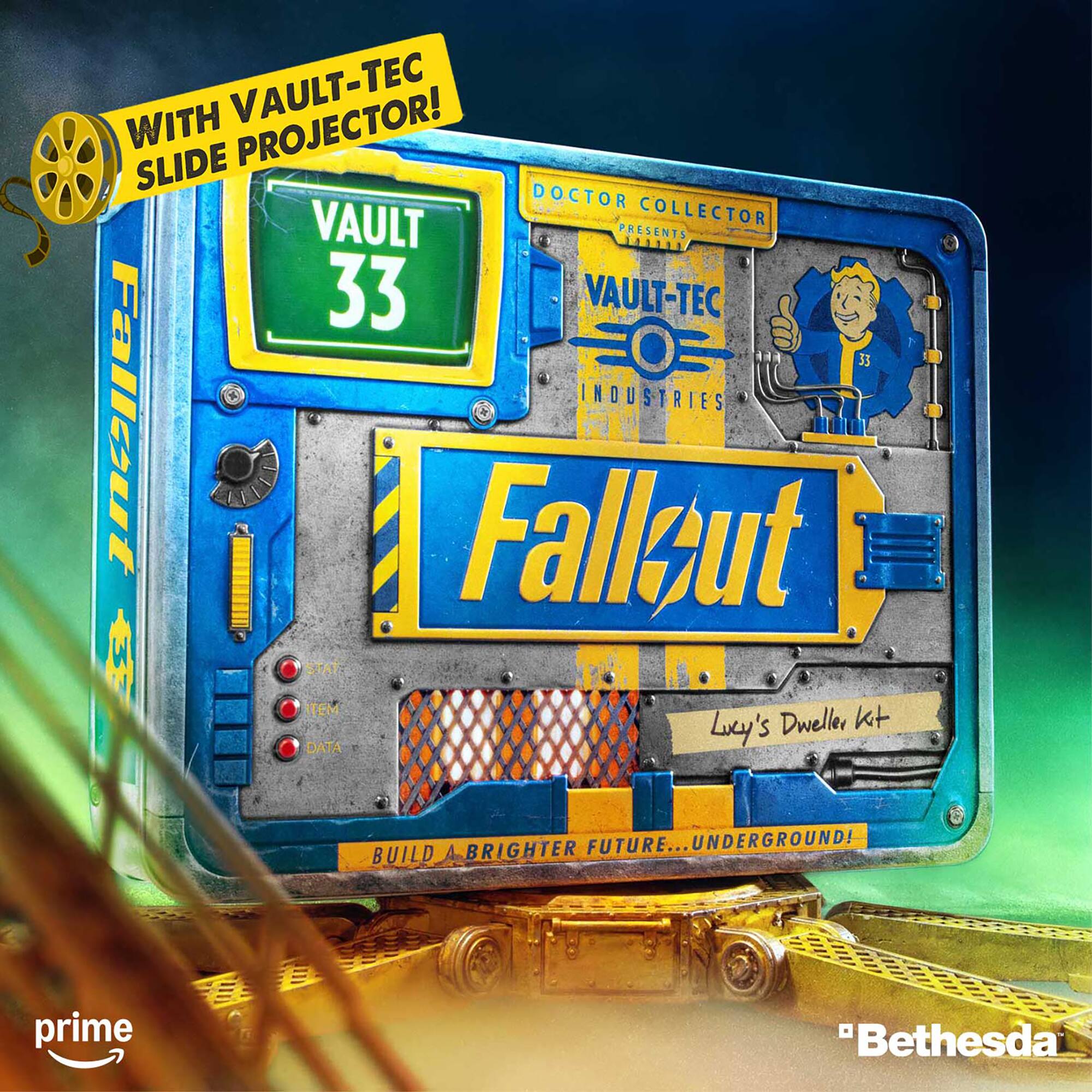 WITH VAULT-TEC PROJECTOR! SLIDE DOCTOR VAULT COLLECTOR PRESENTS A1SE 33 VAULT-TEC 0 33 INDUSTRIES Fallout STAT ITEM kt Lucy's Dweller DATA 4 BRIGHTER FUTURE... UNDERGROUND! BUILD prime "Bethesda"