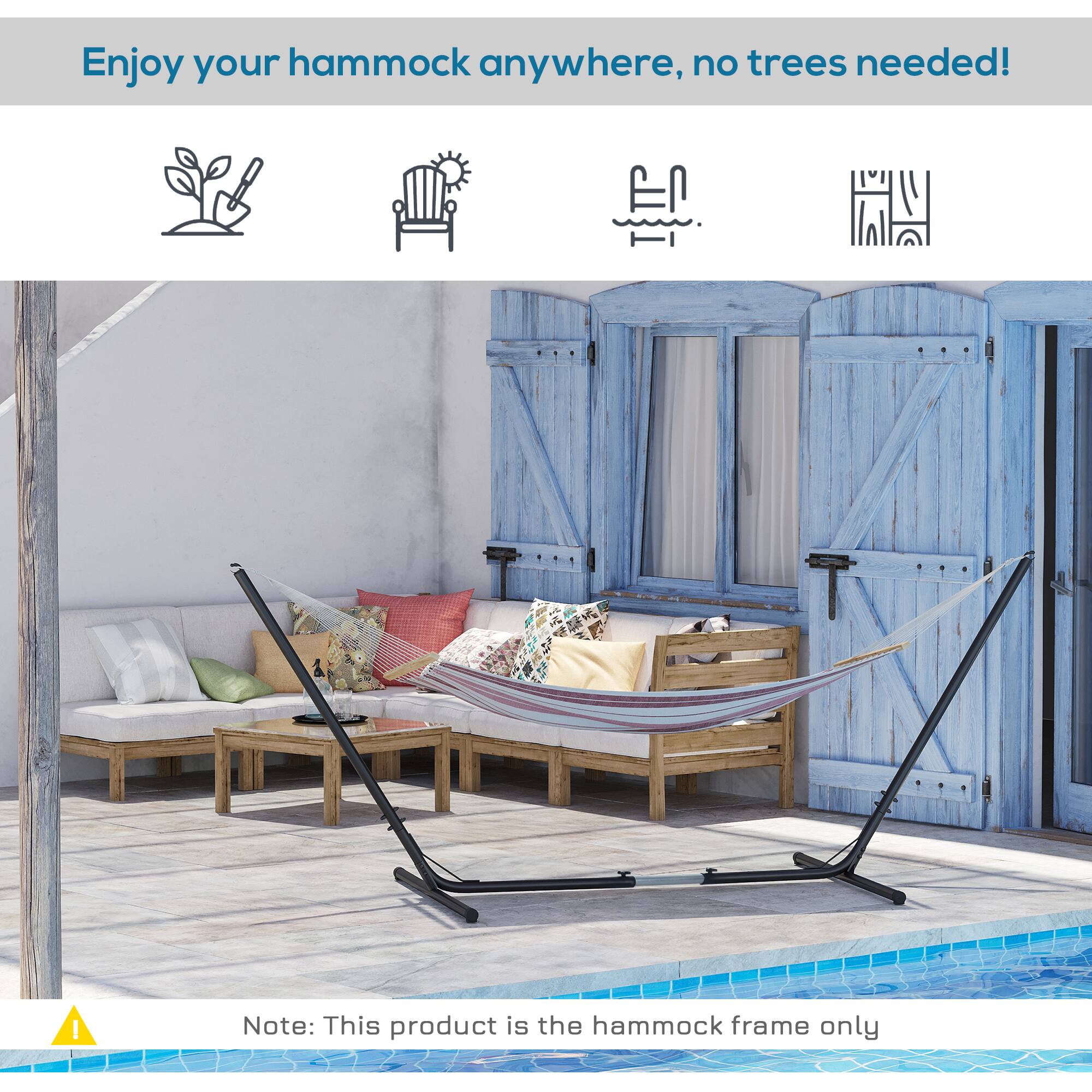 Enjoy your hammock anywhere, no trees needed!  I Note: This product is the hammock frame only.
