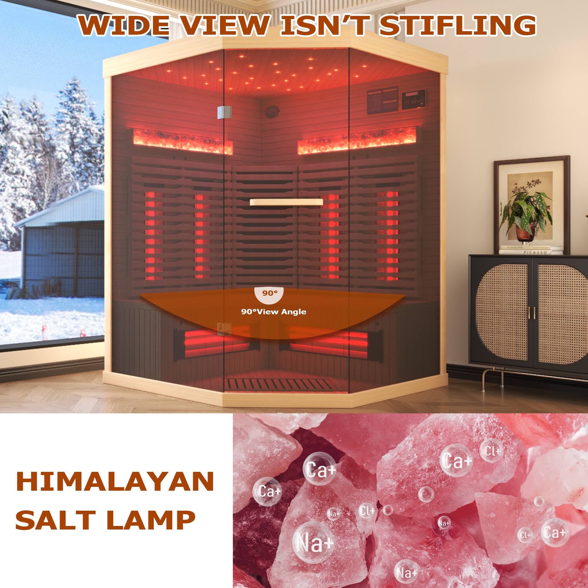 WIDE VIEW ISN'T STIFLING  
90° View Angle  

HIMALAYAN SALT LAMP  

Na+  
Ca+  
Cl+