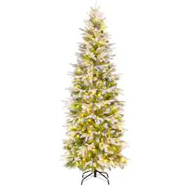 Gymax - 6 FT Pre-Lit Artificial Christmas Tree Snow Flocked Hinged Xmas Tree - Green, White