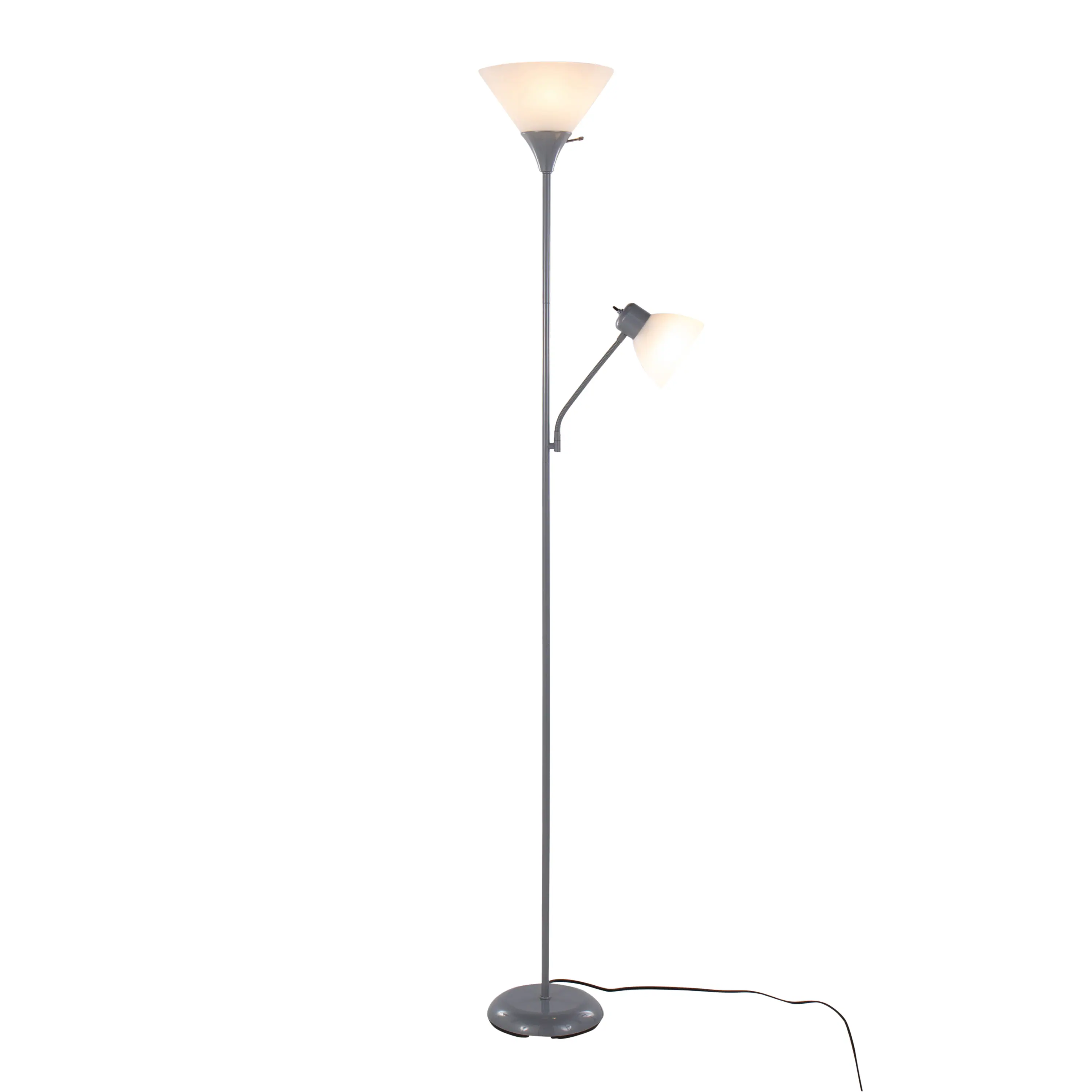 Left. Loheer - Loheer 72-Inch Tall Silver Metal Standing Lamp with Dual Frosted Shades - White.