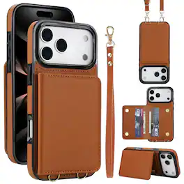 Dteck - Wallet Case for Apple iPhone 17 Pro Max,Faux Leather Flip Cover with RFID Card Holder+Strap,Shockproof Crossbody Case - Brown