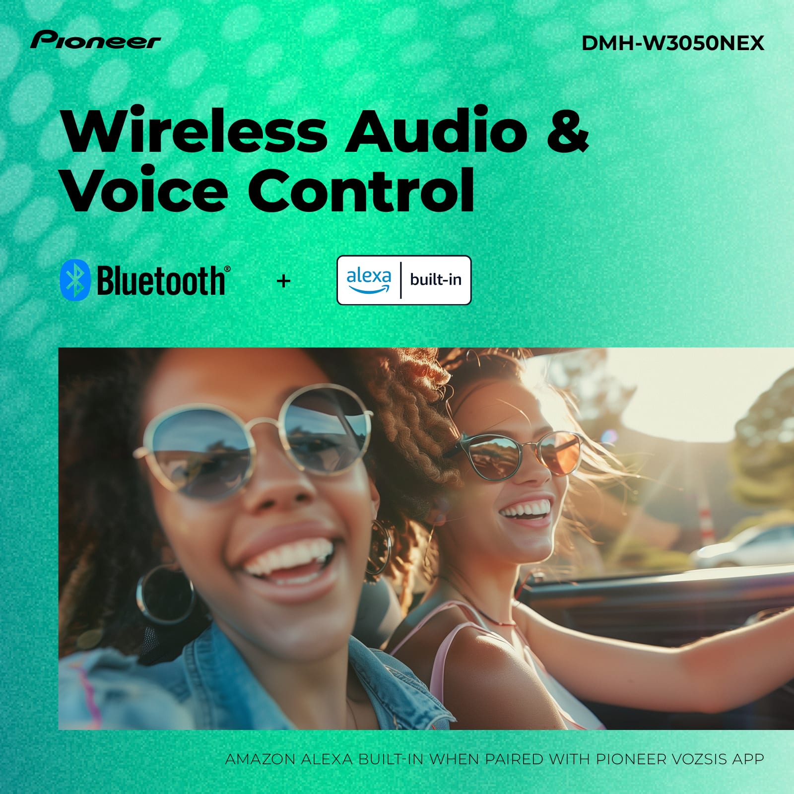 Pioneer DMH-W3050NEX Wireless Audio & Voice Control Bluetooth + Alexa built-in when paired with Pioneer VOZSIS app.