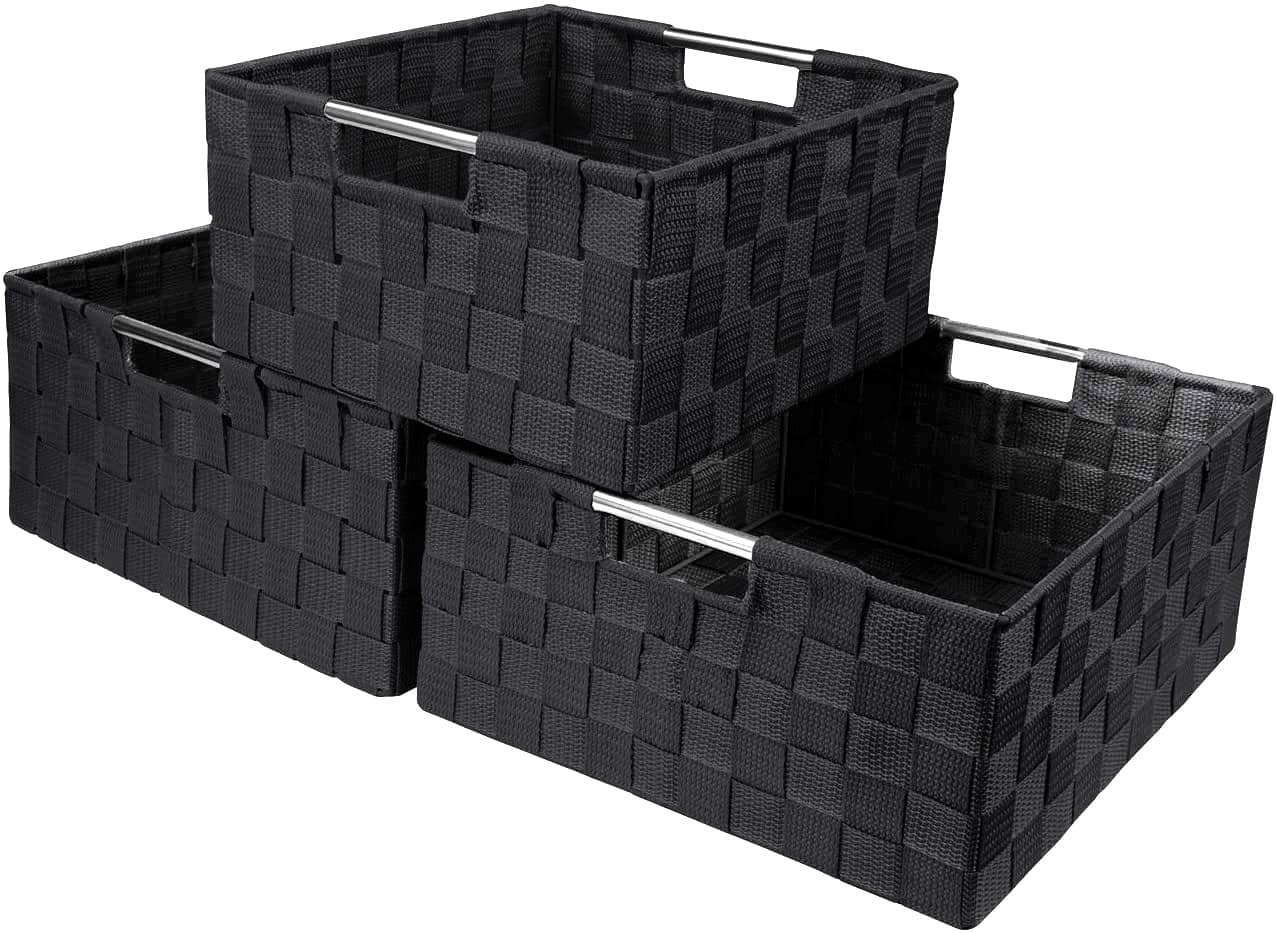 Sorbus - Storage Box Woven Basket Bin Container Organizer Set Storage Strap Shelf Organizer Carry Handles - Black