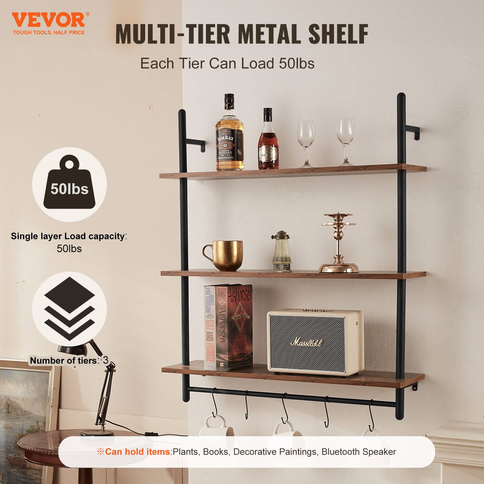 VEVOR  
TOUGH TOOLS, HALF PRICE  

MULTI-TIER METAL SHELF  
Each Tier Can Load 50lbs  

Single layer Load capacity: 50lbs  
Number of tiers: 3  

Can hold items: Plants, Books, Decorative Paintings, Bluetooth Speaker
