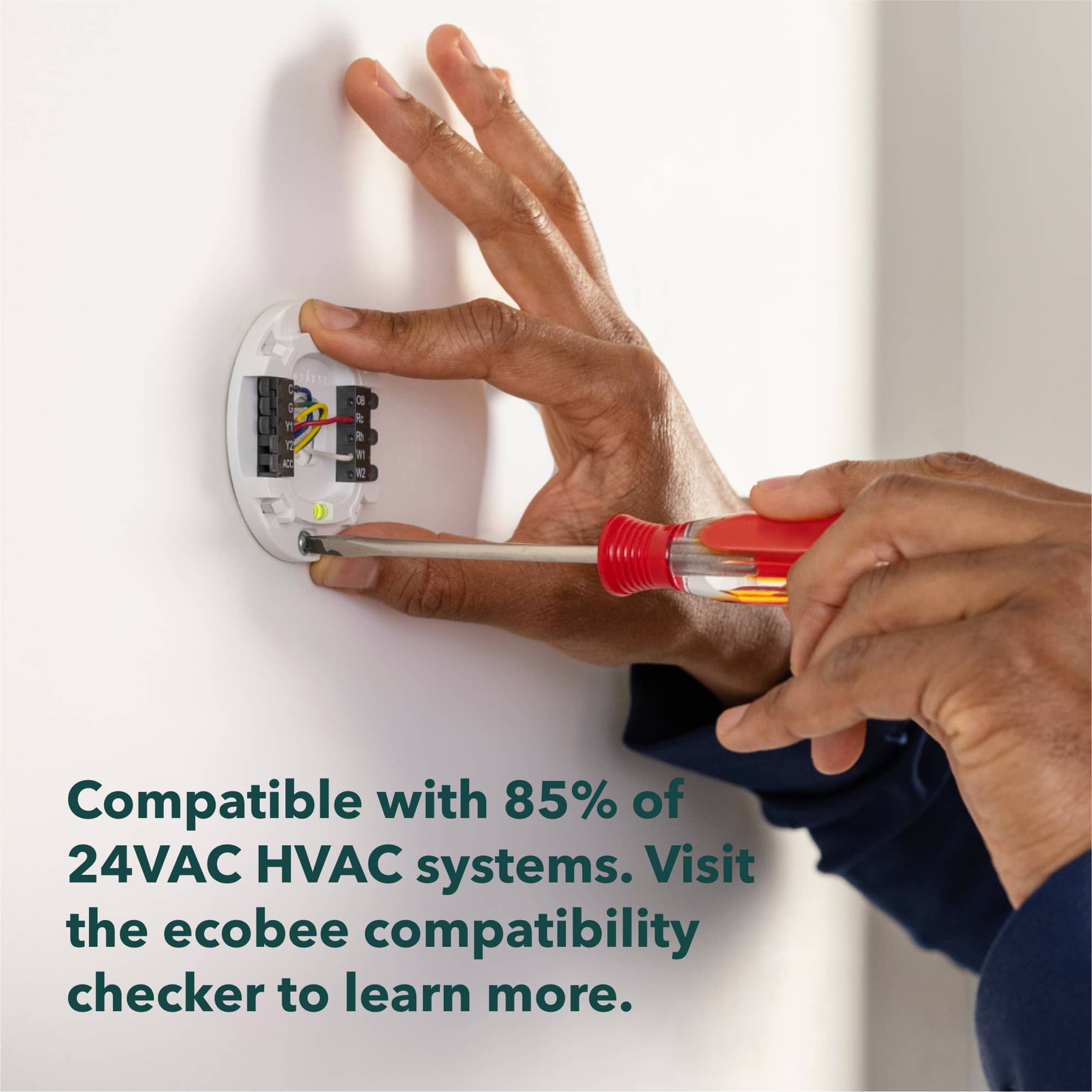 The text on the image reads: "Compatible with 85% of 24VAC HVAC systems. Visit the ecobee compatibility checker to learn more."