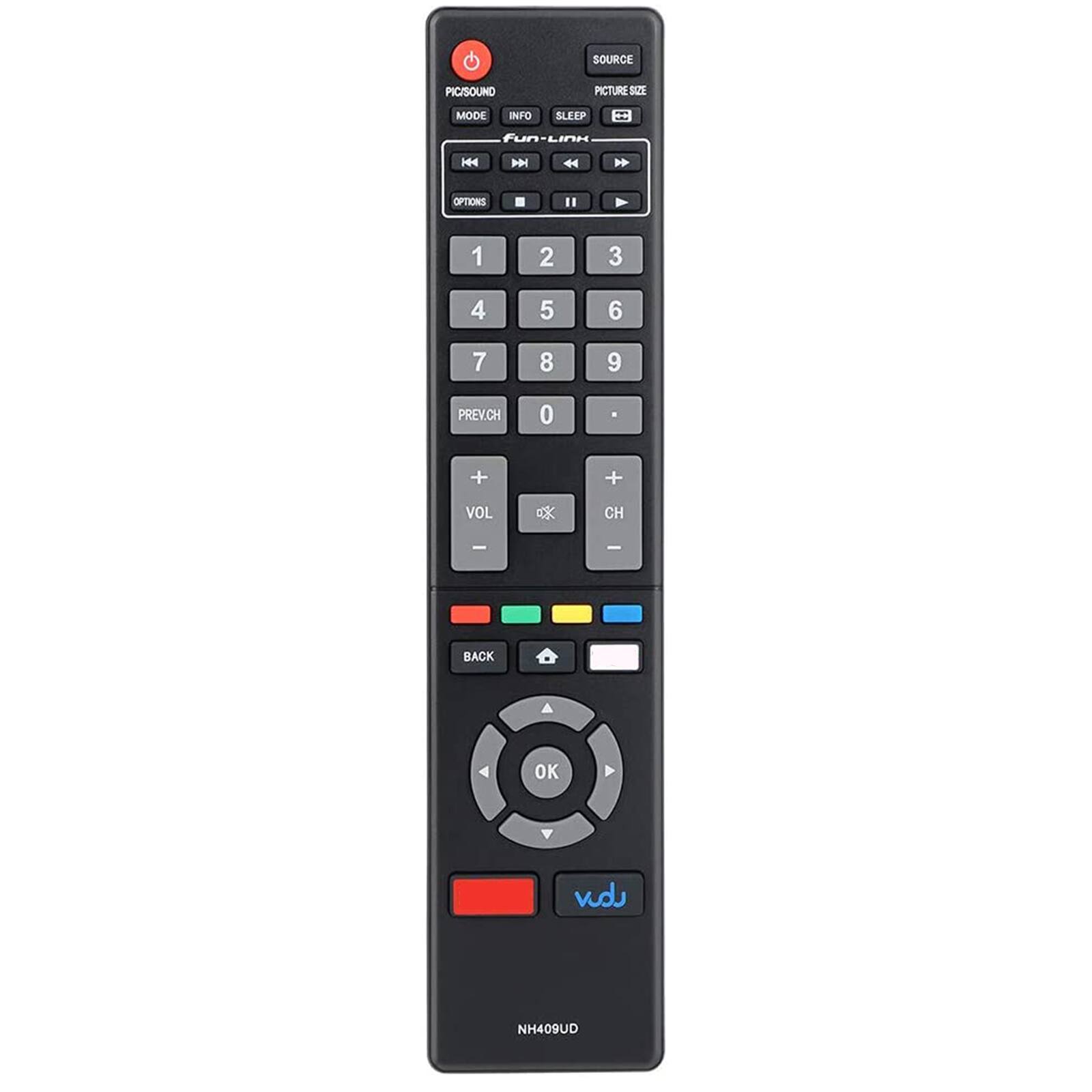 SOURCE  
PICTURE SIZE  
SLEEP  
PIC/SOUND  
MODE  
INFO  
OPTIONS  
1 2 3 4 5 6 7 8 9  
PREV.CH  
VOL  
CH  
BACK  
OK  
vd  
NH409UD