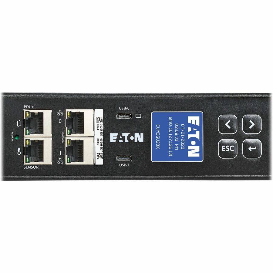 RESTART PDU+1 tl 8  
SENSOR 00 0 19100e  
1 C a USB/0 I 3 PPOD 00208607 5900 EATON 00208507  
FO : : USB/1 EUMIGU23X  
eth0: 10.127.126.131  
02:09:33 07/21/2023  
EATON PM ESC