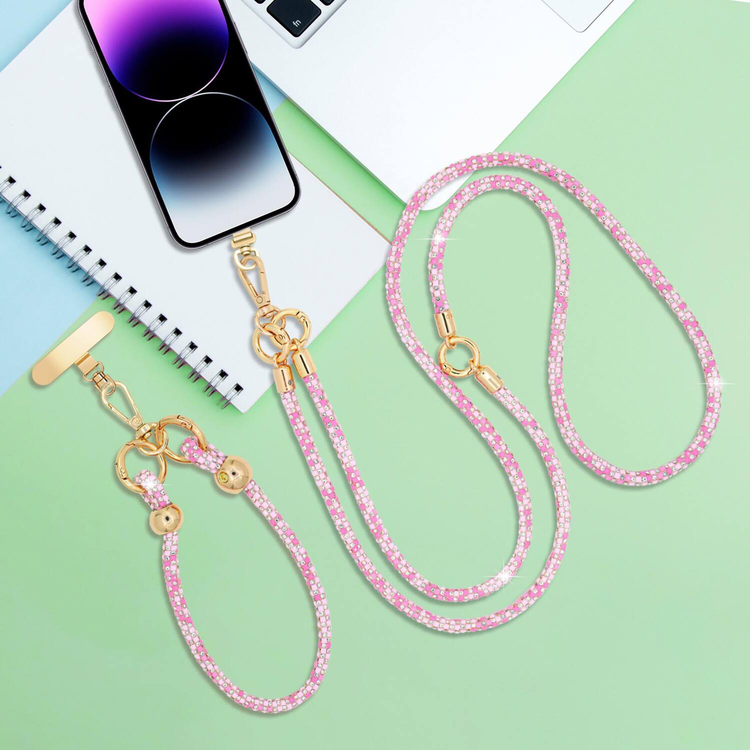 Left. Dteck - 3-in-1 Glitter Crossbody Phone Lanyard,Sparkly Crystal Phone Strap Fashion Wrisrstrap for Universal Smartphone Cases - Pink.