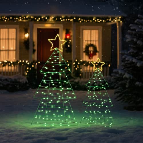 Winado - 2PCS Christmas Tree 4/3FT Metal Collapsible with LED Lights Pre-lit for Indoor Outdoor Party Holiday Yard Decorations - Green