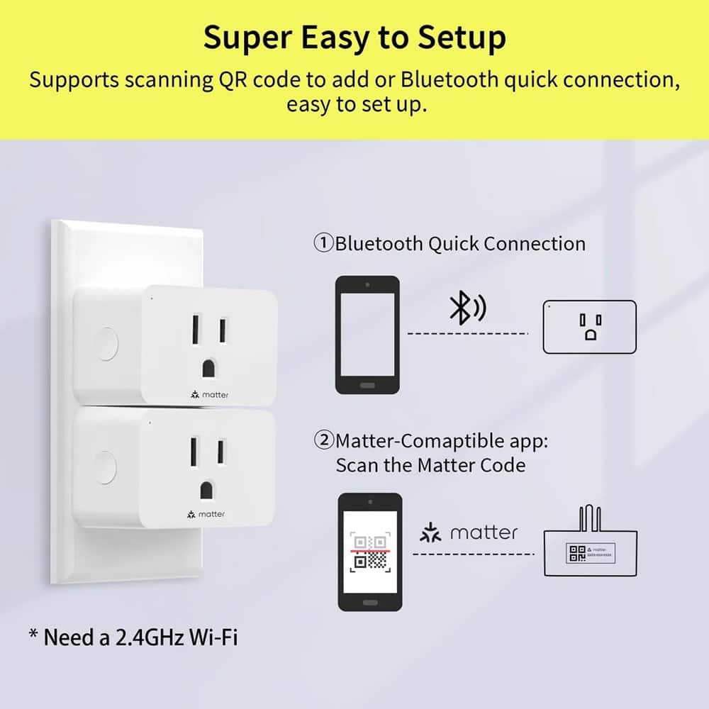 MOSZAR LLC - Matter Smart Plug 15A, Wi-Fi 2.4G, Works with Alexa & HomeKit, 2 Pack - White