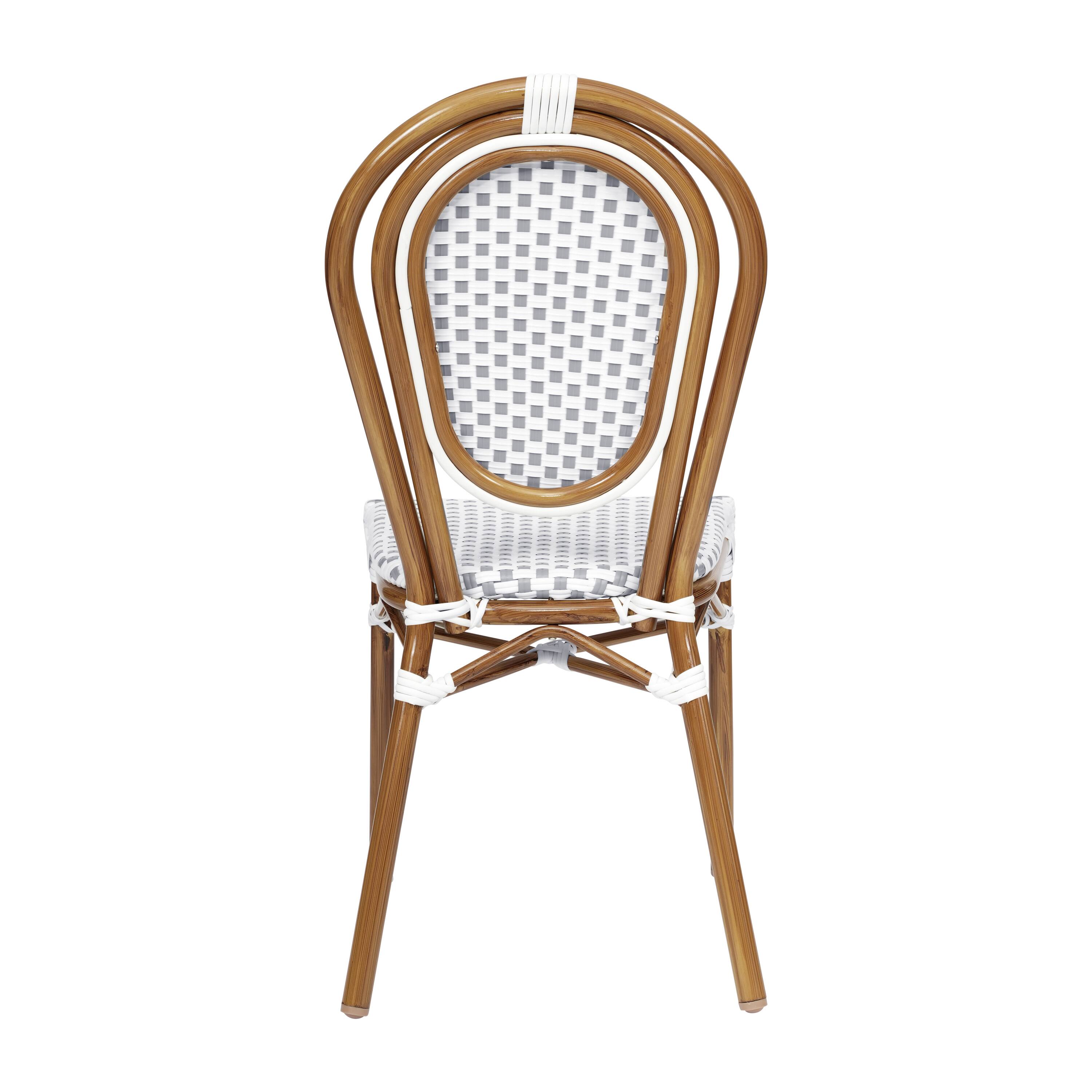 Alt View 7. Emma + Oliver - Colmar Set of Two Indoor/Outdoor Stacking Thonet Bistro Style Chairs with PE Rattan Seat and Finished Metal Frame - White & Gray/Natural Frame.
