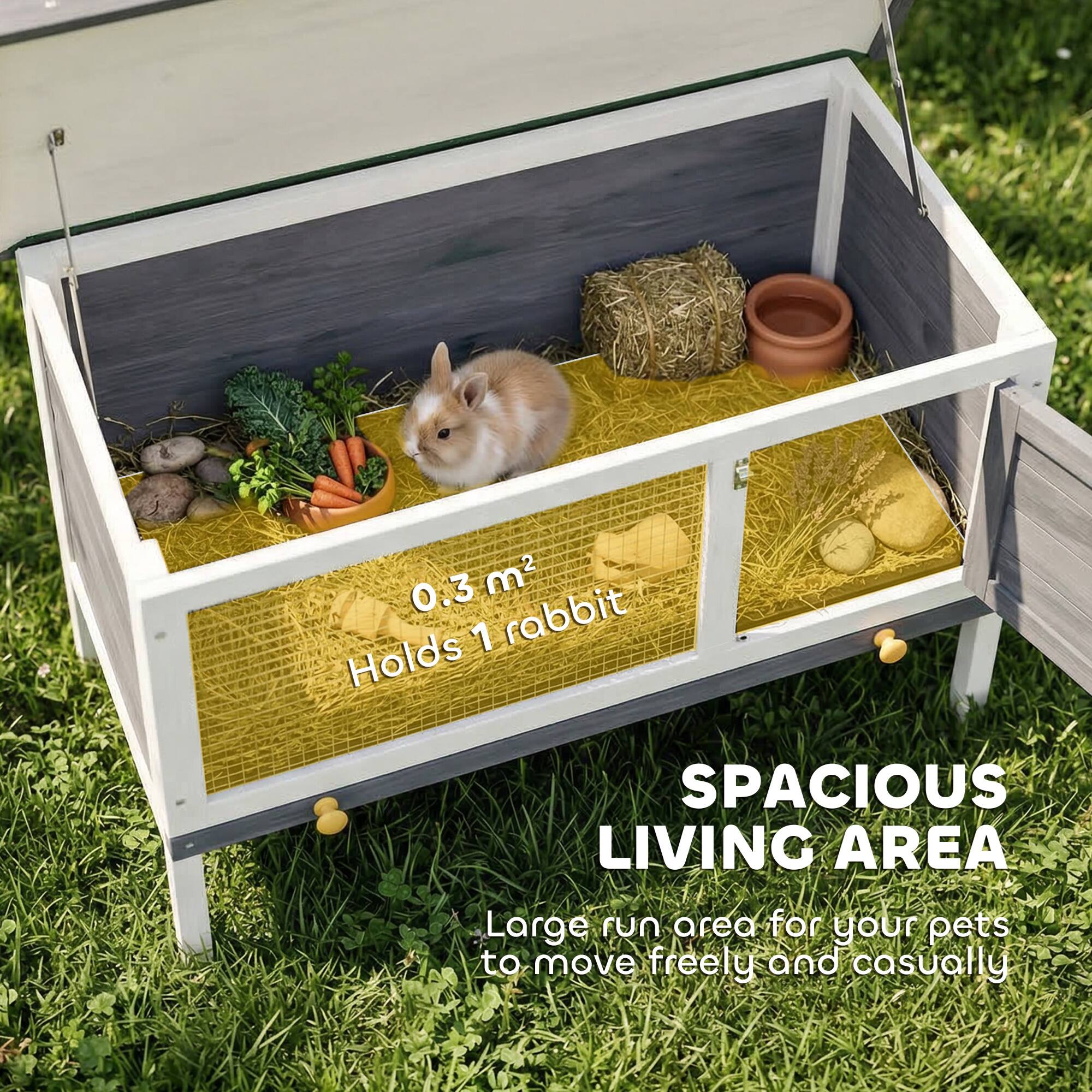 0.3 m²  
Holds 1 rabbit  
SPACIOUS LIVING AREA  
Large run area for your pets to move freely and casually