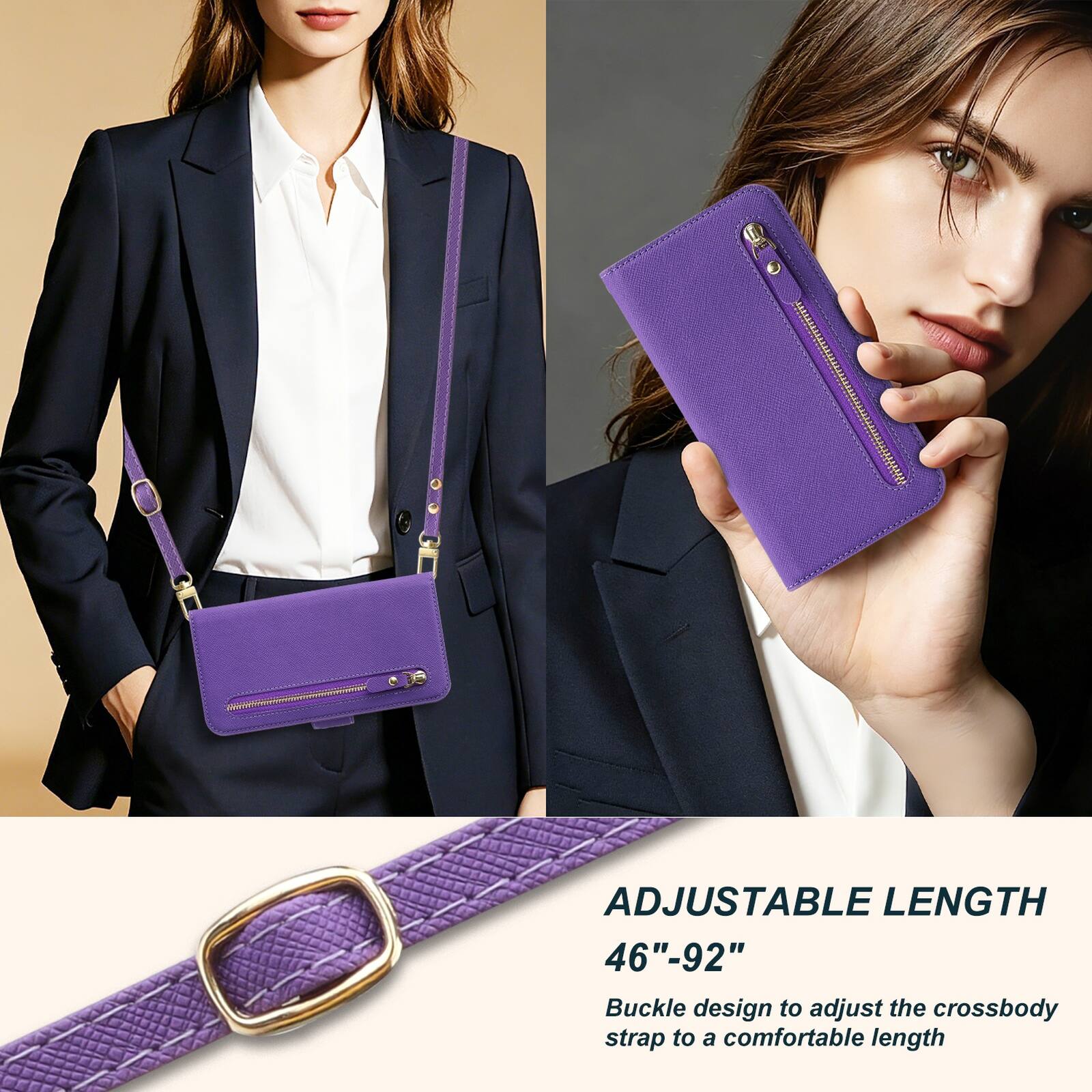 ADJUSTABLE LENGTH 46"-92"  
Buckle design to adjust the crossbody strap to a comfortable length
