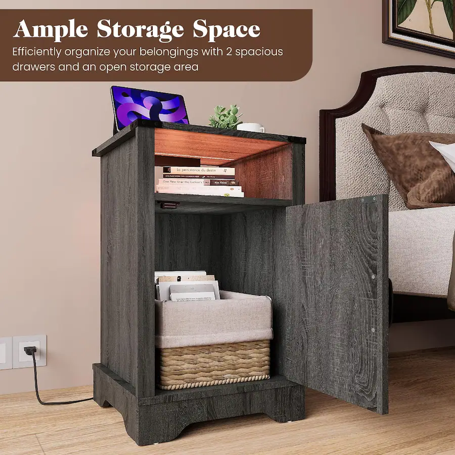 Led Grey Color Loheer LED Nightstand with Charging Station, Farmhouse Storage Cabinet ...