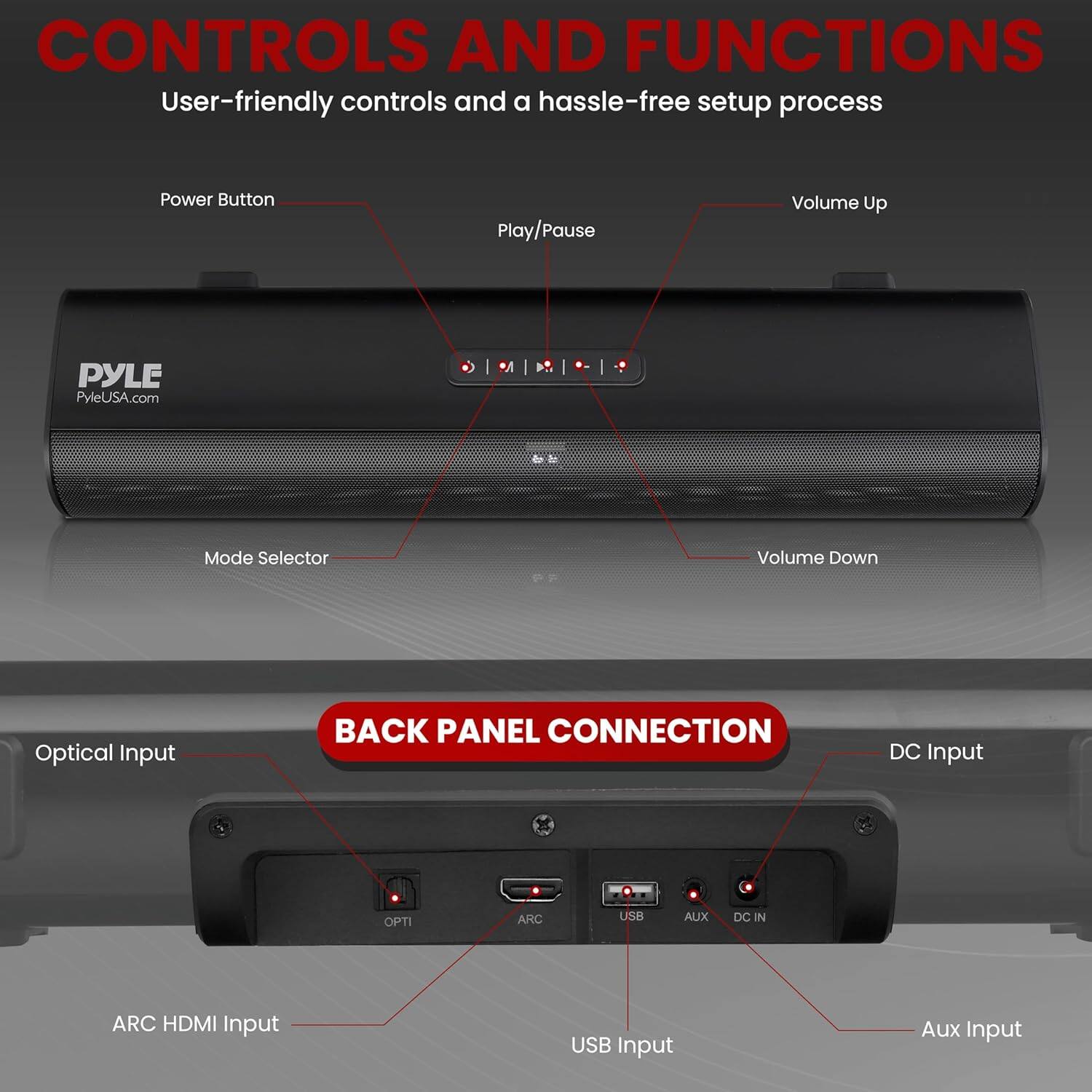 **CONTROLS AND FUNCTIONS**  
User-friendly controls and a hassle-free setup process

- Power Button
- Play/Pause
- Volume Up
- Volume Down
- Mode Selector

**BACK PANEL CONNECTION**

- Optical Input
- ARC HDMI Input
- USB Input
- Aux Input
- DC Input