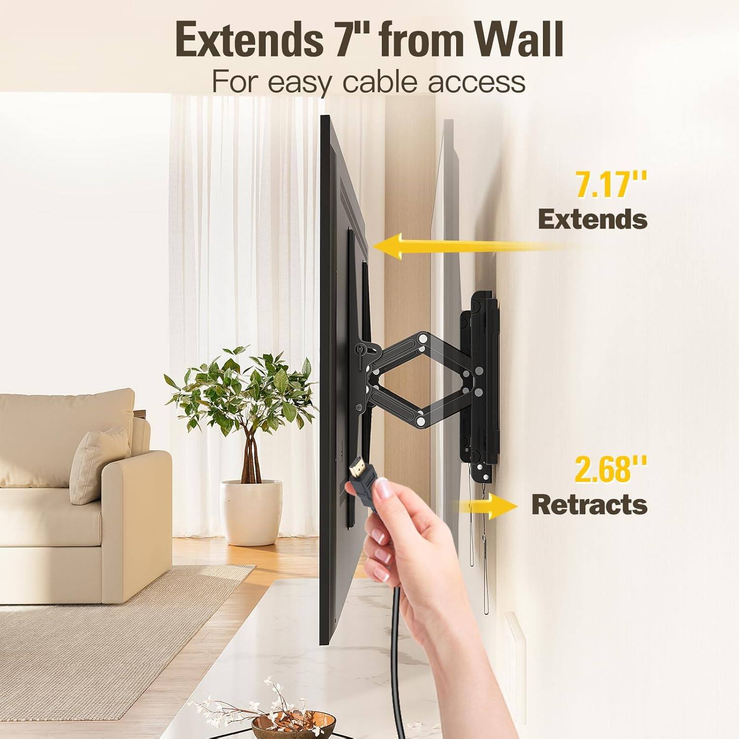 Extends 7" from Wall  
For easy cable access  

7.17" Extends  
2.68" Retracts