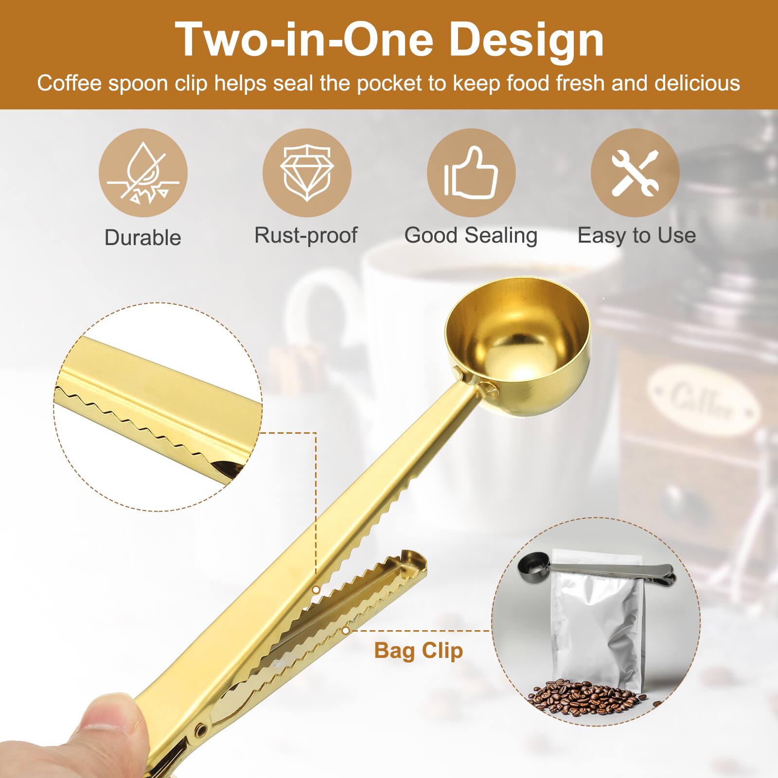 Two-in-One Design  
Coffee spoon clip helps seal the pocket to keep food fresh and delicious  
Durable  
Rust-proof  
Good Sealing  
Easy to Use  
Calfee Bag Clip