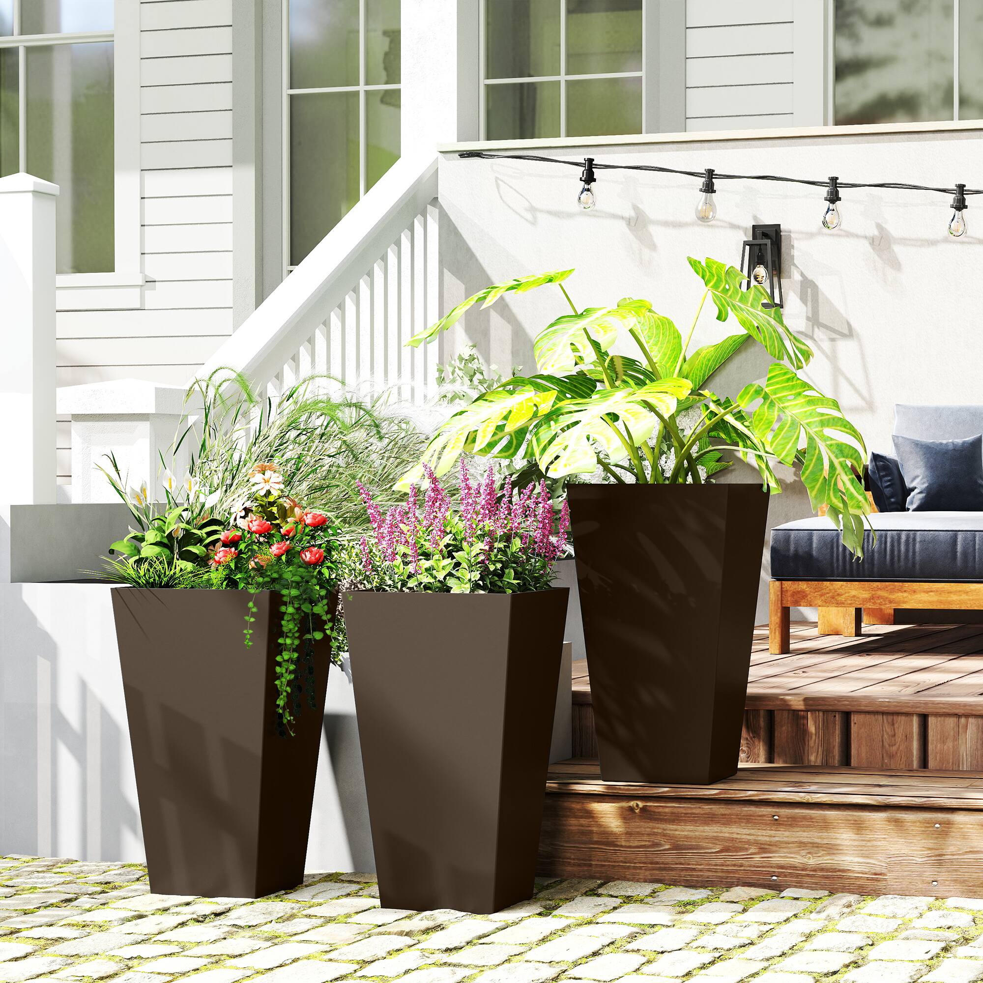 Alt View 1. Outsunny - Tall Planters for Outdoor Plants Set of 3, 28 In Taper Planters with Drainage Holes - Brown.