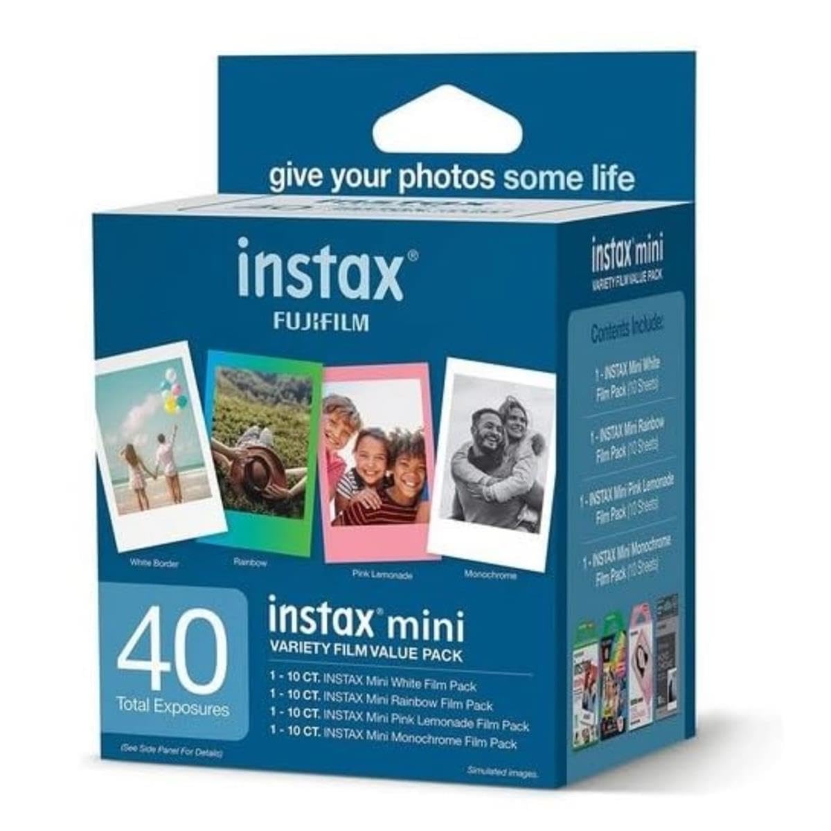 give your photos some life instax mini FUJIFILM Contents Include ASTAX Film Pack ASTA Rainbow Film Pack ASTAX Film Pack White Border Rainbow Pink Lemonade Monochrome instax mini 40 VARIETY FILM VALUE PACK 1 10 C. INSTAX Mini White Film Pack 1 10 C. INSTAX Total Mini Rainbow Film Exposures 1 Pack 10 C. INSTAX Mini Pink Lemonade Film 1 10 C. Pack INSTAX Mini Monochrome Film Pack Side For Simulated ASTAX Film Pack