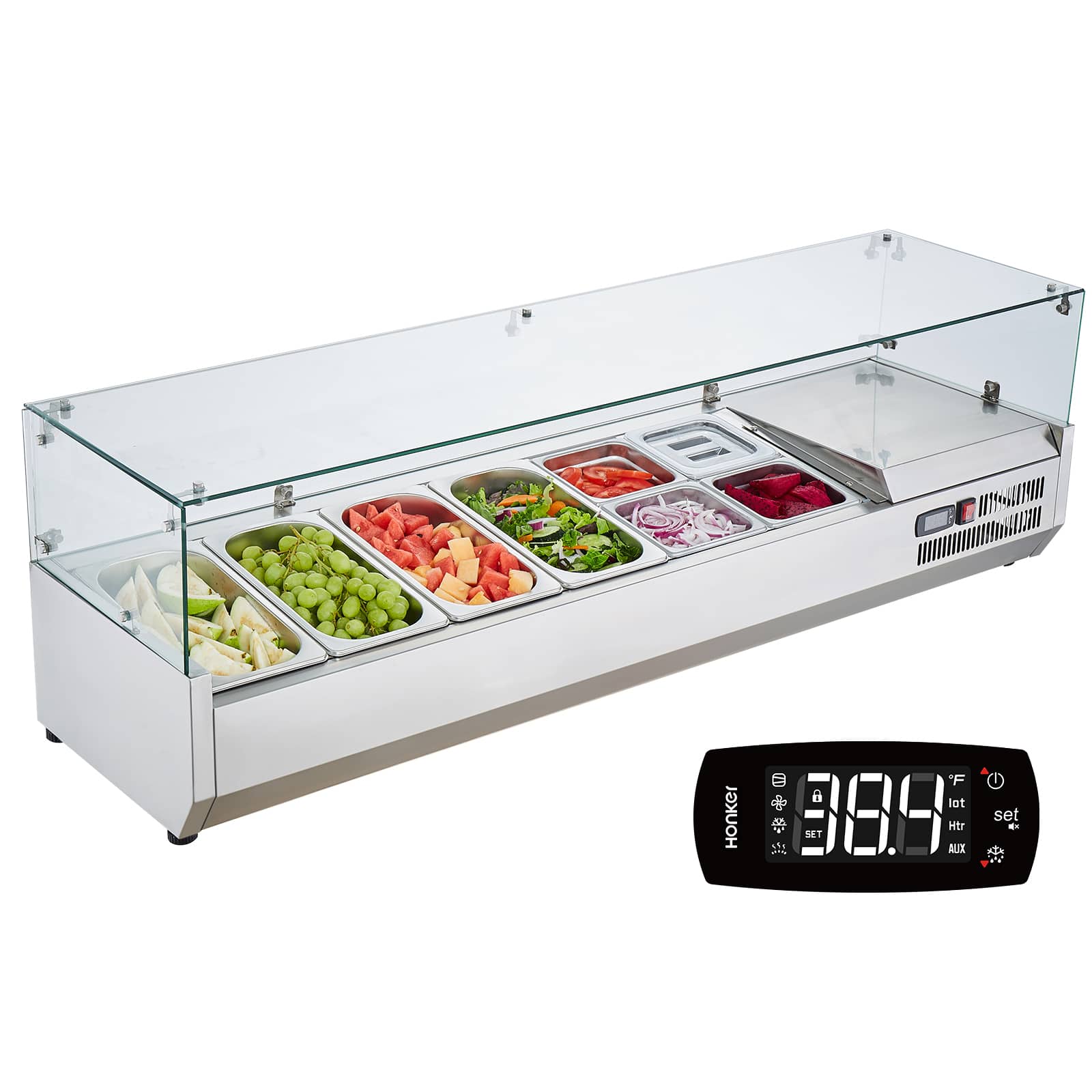 VEVOR - Refrigerated Condiment Prep Station, 150 W Countertop Refrigerated Condiment Station, with 4 1/3 Pans & 4 1/6 Pans - Silver