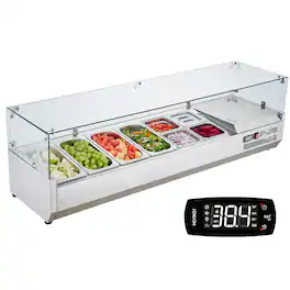 VEVOR - Refrigerated Condiment Prep Station, 150 W Countertop Refrigerated Condiment Station, with 4 1/3 Pans & 4 1/6 Pans - Silver