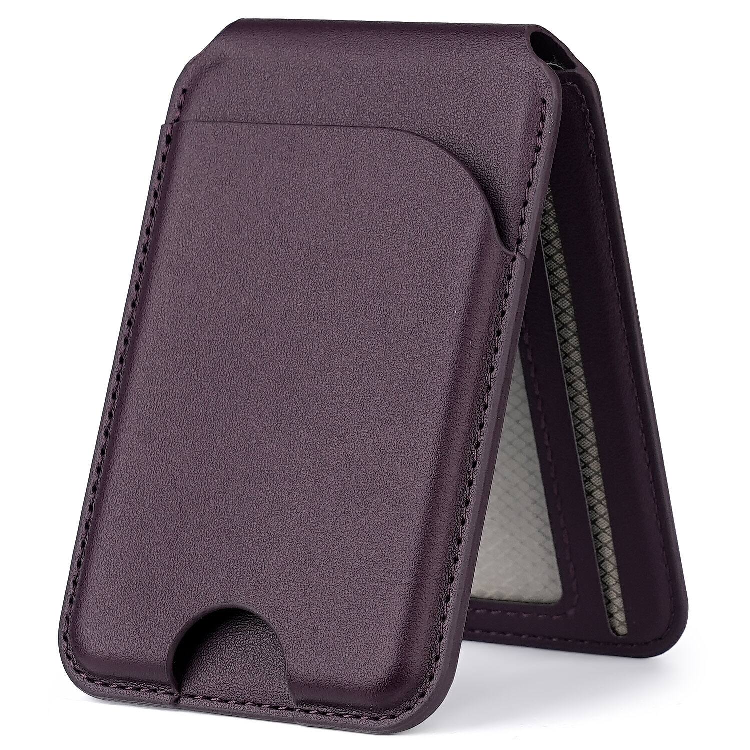 Angle. Alpha Digital - Magnetic Leather Wallet - MagSafe, Adjustable Phone Stand, Compatible w/ iPhone 12-17 - Purple.