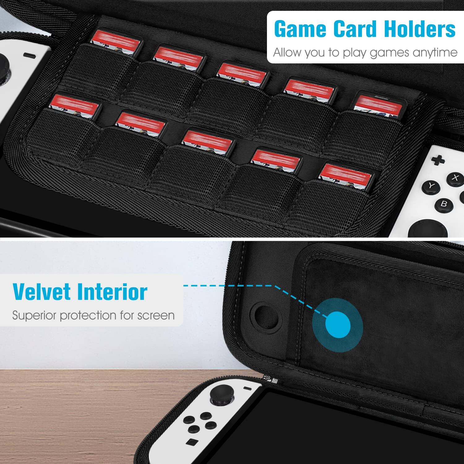 Game Card Holders  
Allow you to play games anytime

Velvet Interior  
Superior protection for screen