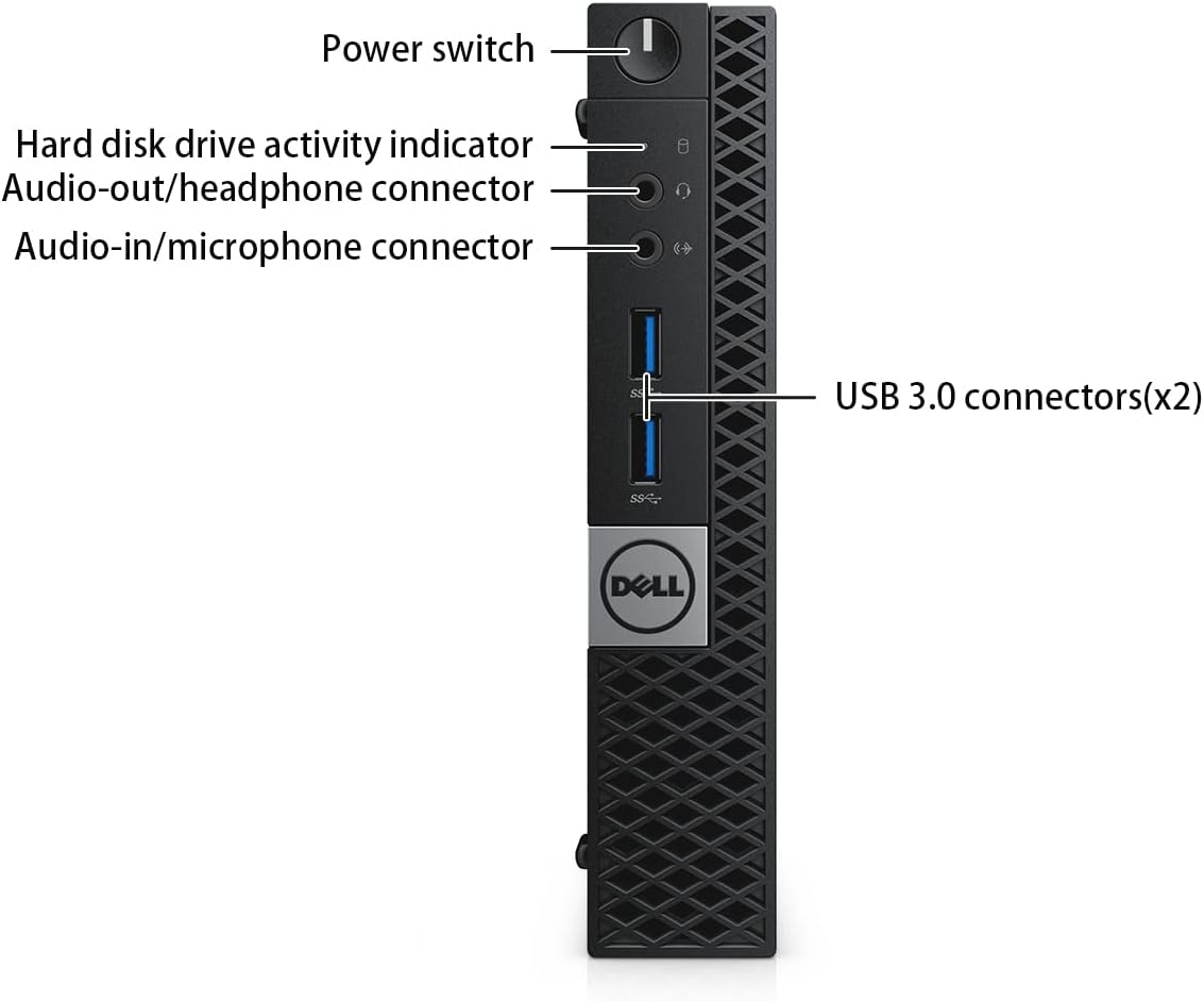 - Power switch
- Hard disk drive activity indicator
- Audio-out/headphone connector
- Audio-in/microphone connector
- USB 3.0 connectors (x2)
- DELL