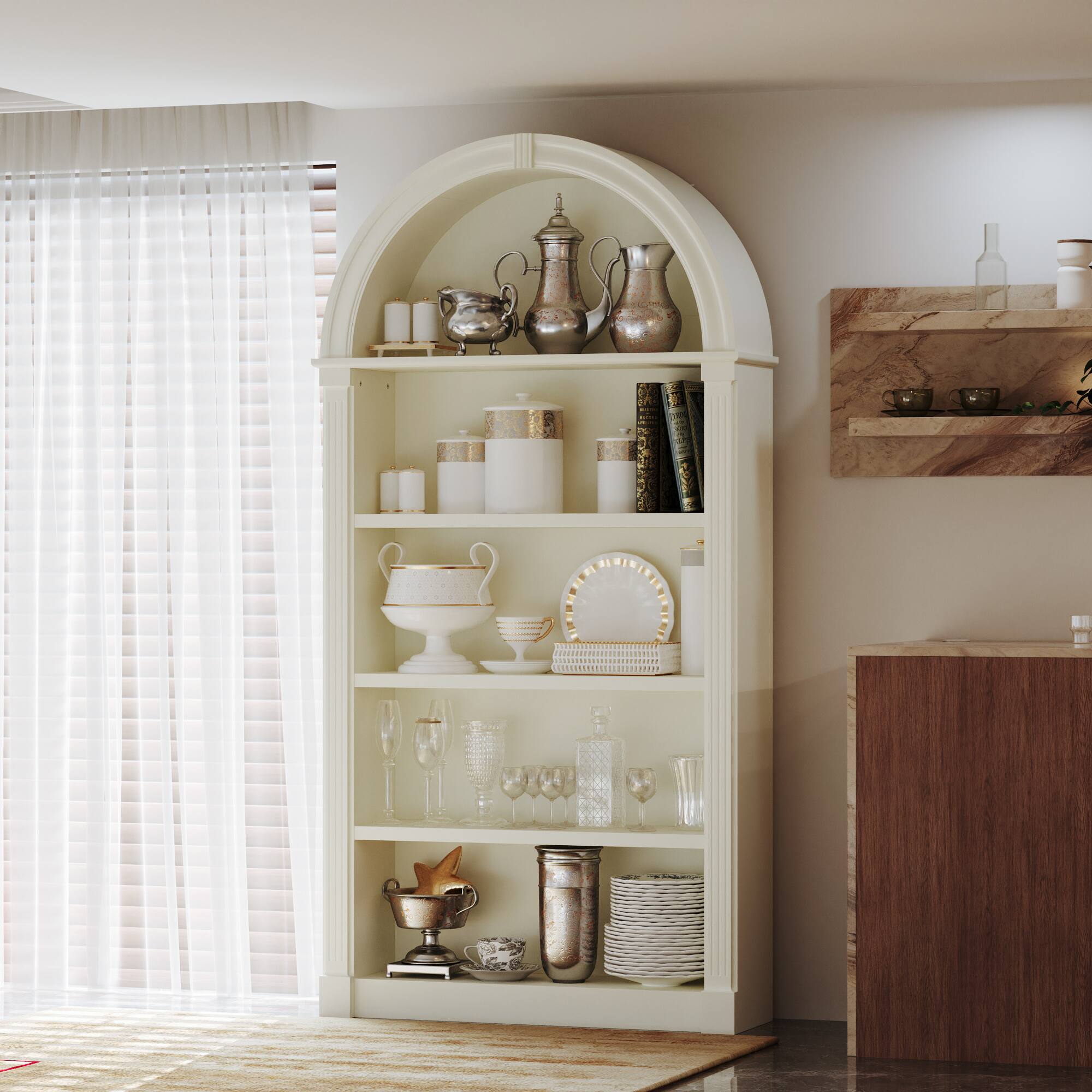 Angle. FUFU & GAGA - Arched Top Display Cabinet with Multi-Tier Open Shelves and Anti-Tip Design for Living Room or Study - Off-White.