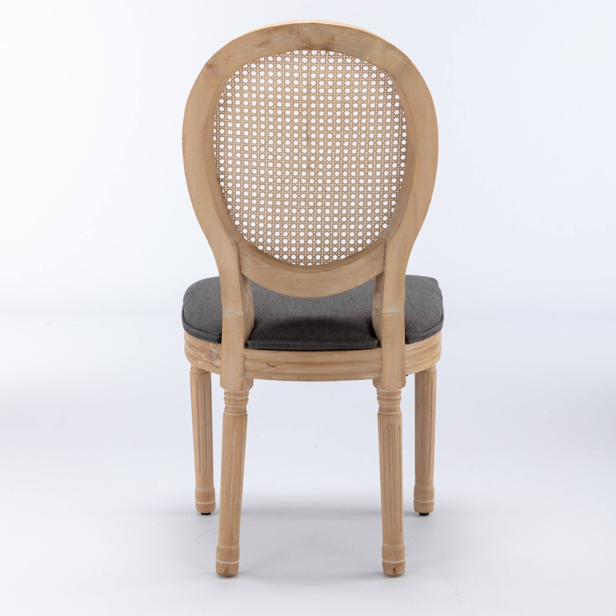 Alt View 2. GOODSILO - French Style Solid Wood Dining Chairs with Linen Upholstery and Rattan Backrest, Set of 2 - Gray.
