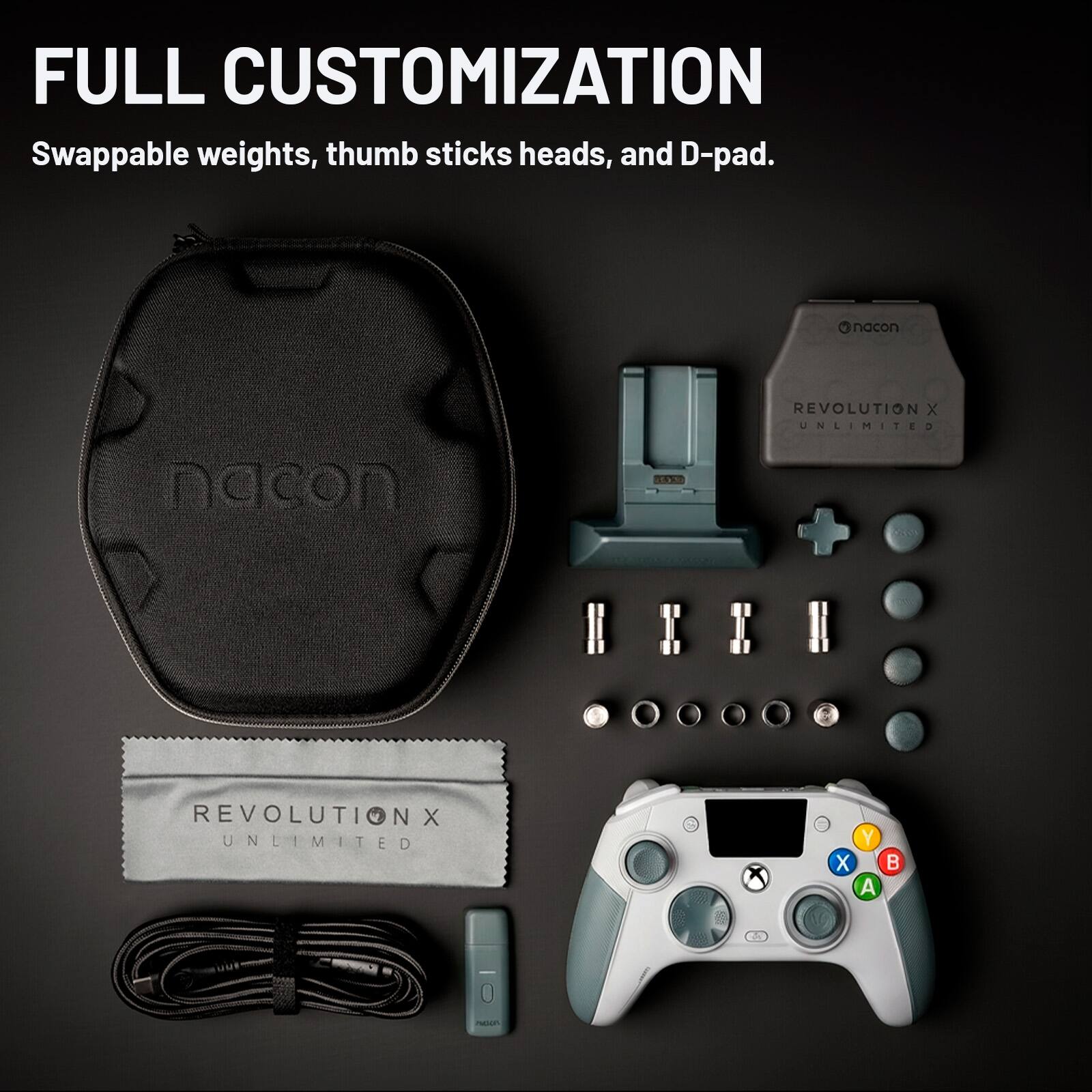 FULL CUSTOMIZATION  
Swappable weights, thumb sticks heads, and D-pad.  

nacon REVOLUTION X UNLIMITED