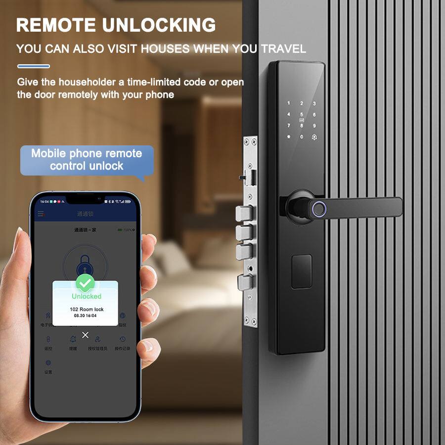 REMOTE UNLOCKING  
YOU CAN ALSO VISIT HOUSES WHEN YOU TRAVEL  

Give the householder a time-limited code or open the door remotely with your phone  

Mobile phone remote control unlock  

100% Unlocked  
102 Room lock  
08.20 16:04