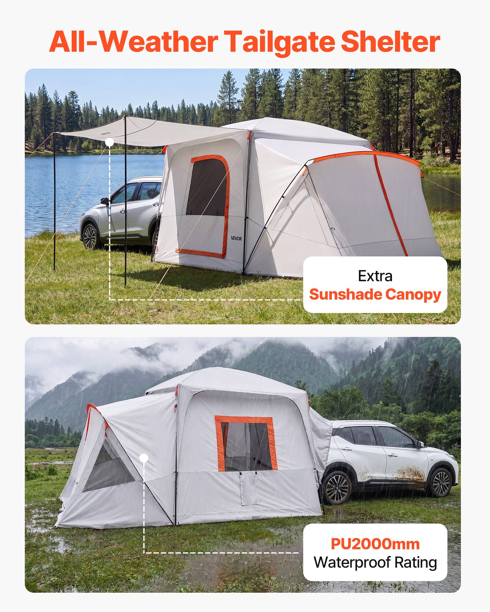 All-Weather Tailgate Shelter

Extra Sunshade Canopy

PU2000mm Waterproof Rating