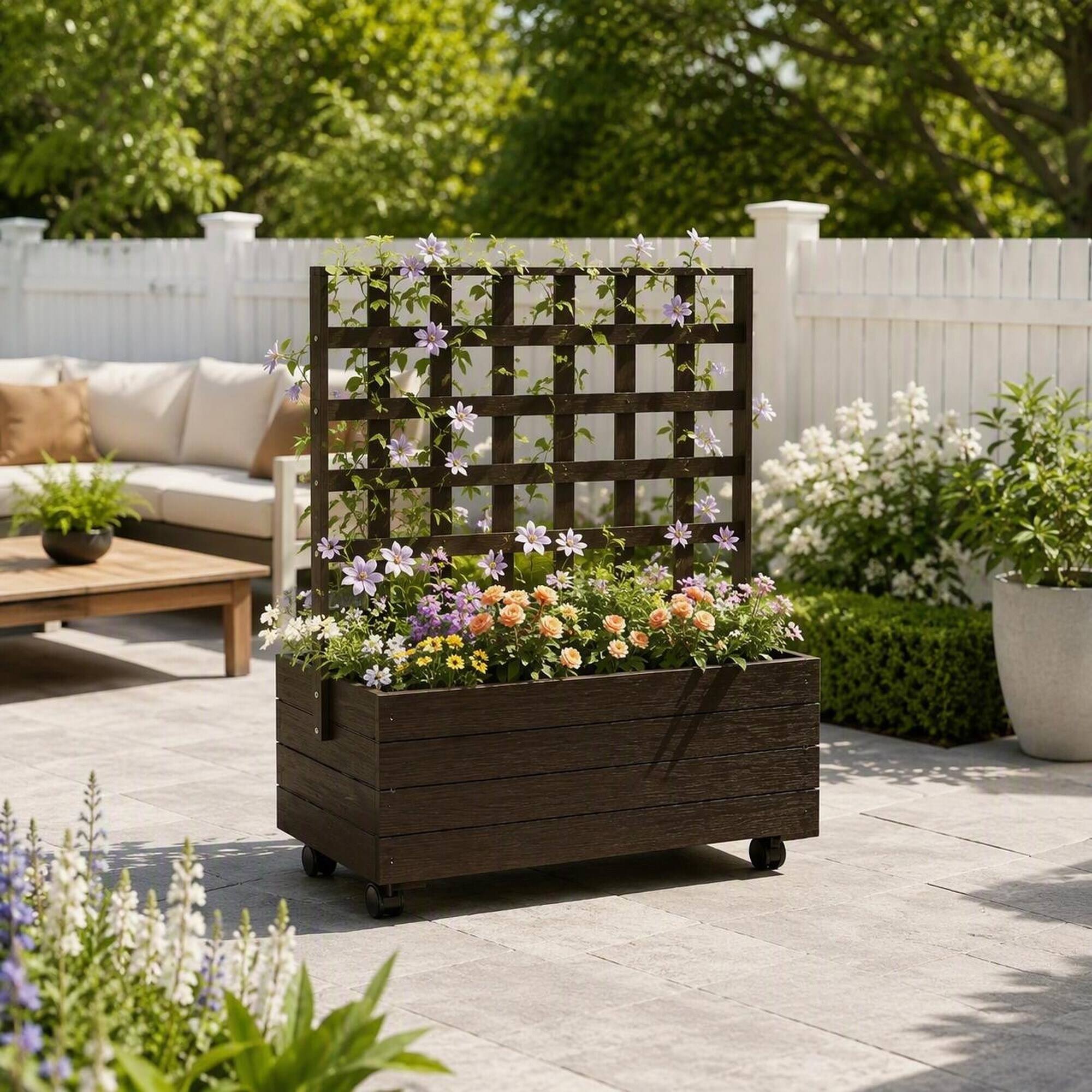Back. RYHNUYNE - Wooden Elevated Garden Bed with Trellis on Wheels for Patio, 34.6 x 18.9 x 41.3 Inch Fir Raised Planter Box - Black.