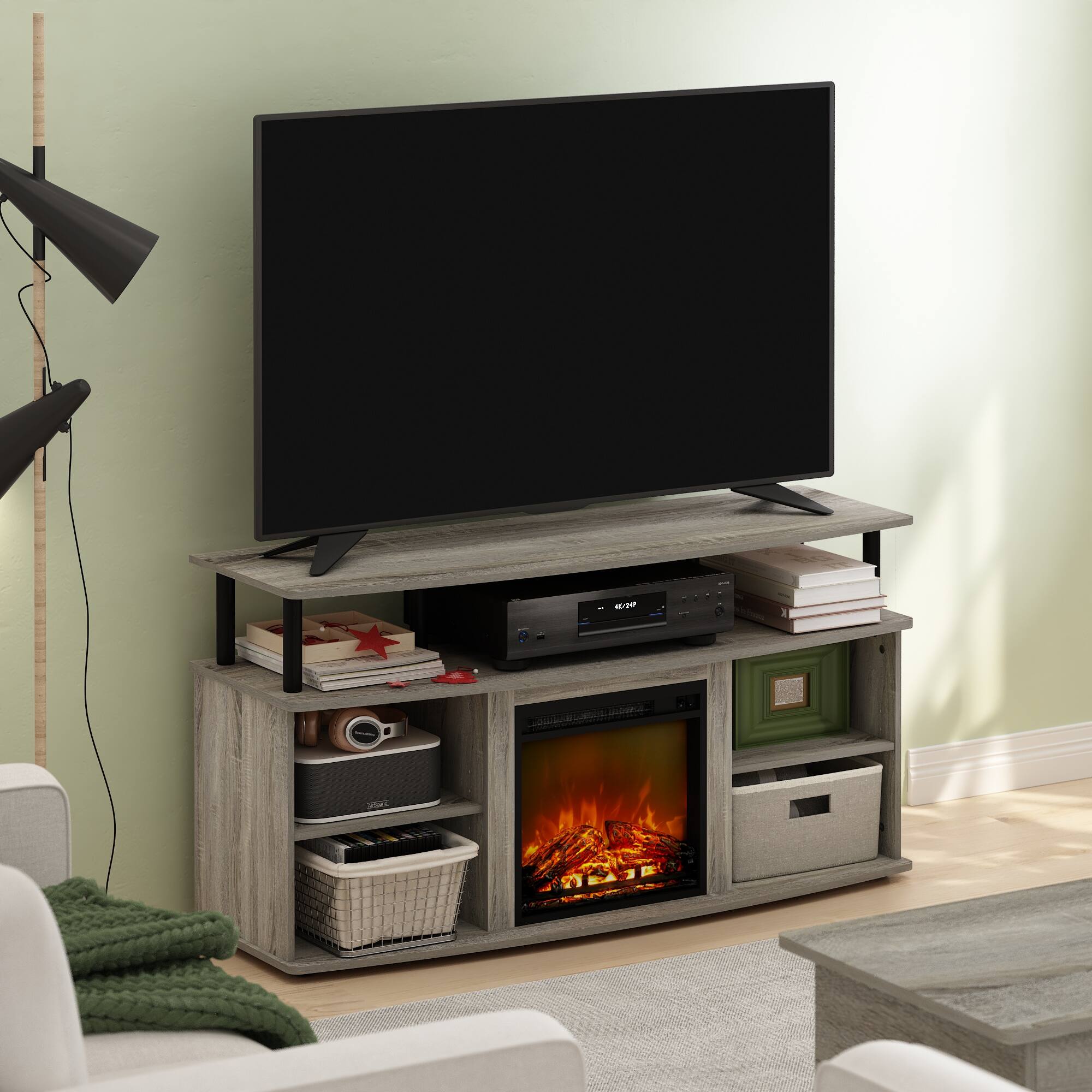 Alt View 5. Furinno - Jensen Open Shelving Storage Fireplace Entertainment Center for TV up to 55 Inch - French Oak Grey/Black.