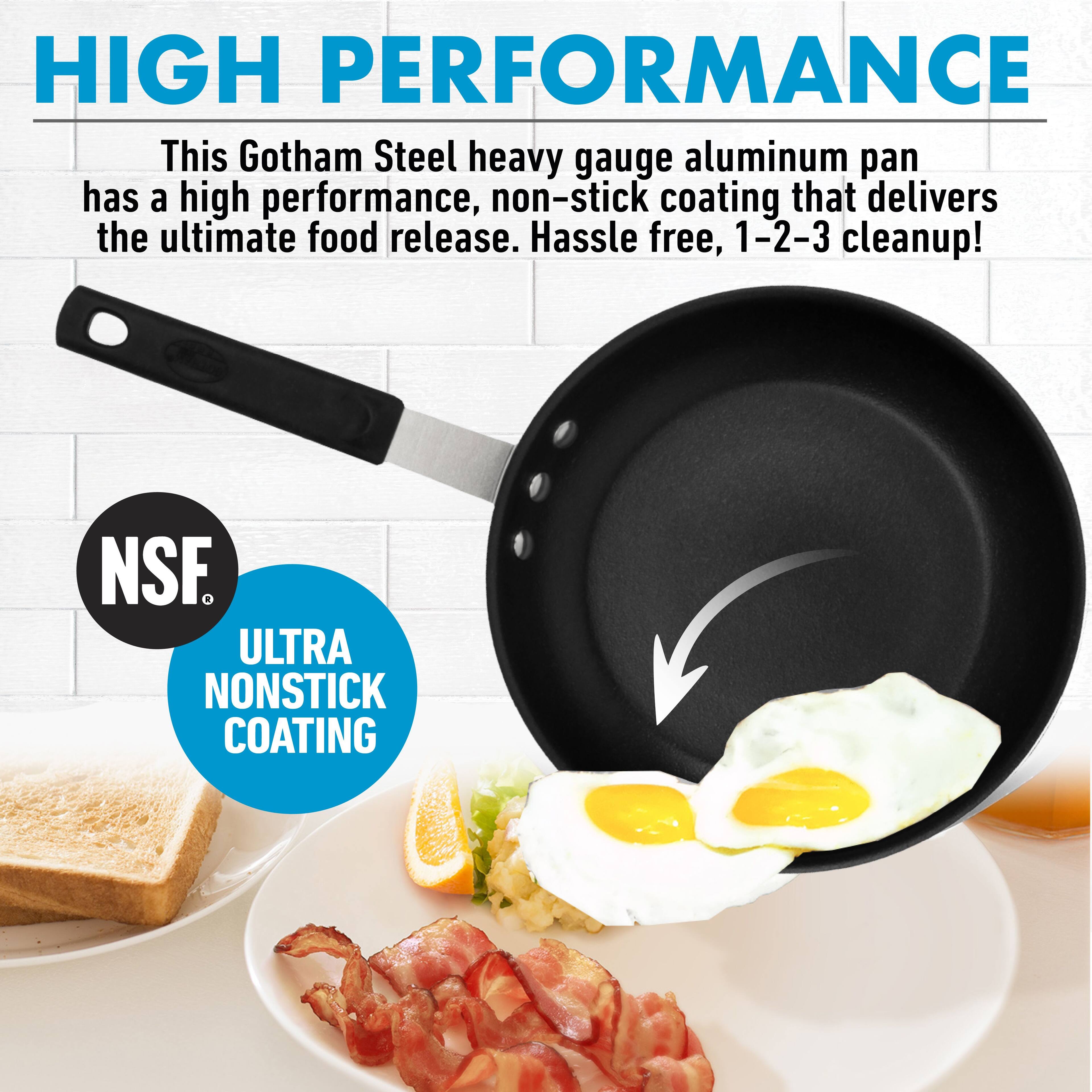 **HIGH PERFORMANCE**

This Gotham Steel heavy gauge aluminum pan has a high performance, non-stick coating that delivers the ultimate food release. Hassle free, 1-2-3 cleanup!

**ULTRA NONSTICK COATING**

NSF.