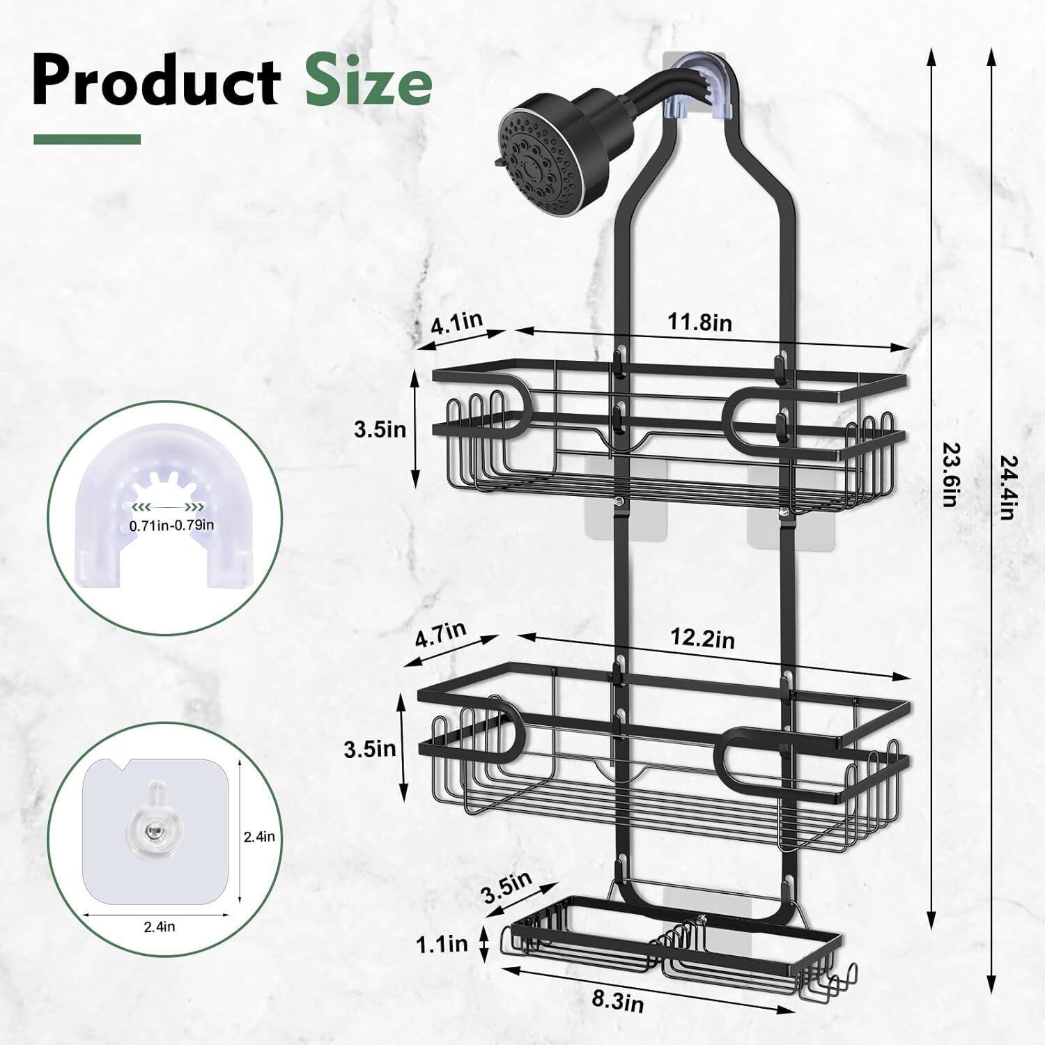 Product Size

- 0.71in-0.79in
- 3.5in
- 4.1in
- 4.7in
- 8.3in
- 11.8in
- 12.2in
- 2.4in
- 23.6in
- 24.4in