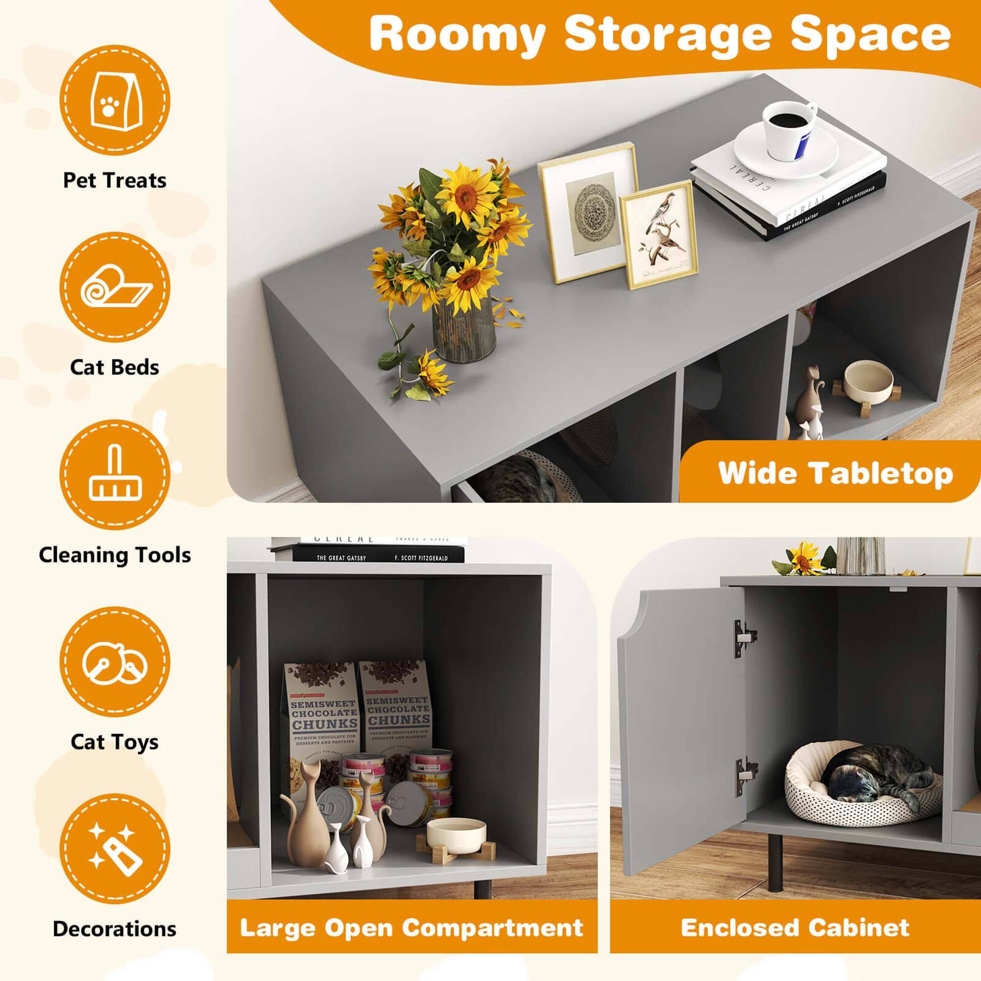 Roomy Storage Space

- Pet Treats
- Cat Beds
- Cleaning Tools
- Cat Toys
- Decorations

Wide Tabletop

Large Open Compartment

Enclosed Cabinet