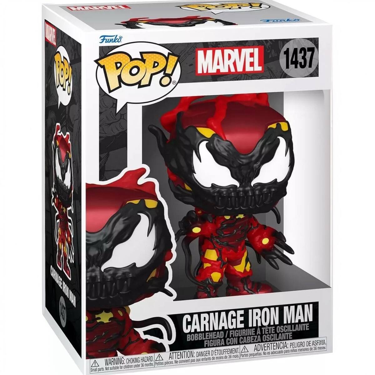 MTI ROP TOkA R Funko MARVEL 1437 1 POP! WA CARNAGE IRON MAN FIGURINE TTE OSCILLANTE BOBBLEHEAD I OSCILANTE FIGURA CON CABEZA DE ASFIXJA ADVERTENCIA: PELIGRO meses A mios menores de 3 ATTENTION: DANGER D'TOUFFEMENT. Partes pequetas. d adecuado para de moins de e nos WARNING: CHOKING HAZARD. conven pas JX entants Petites pieces. children under 36 months sutable br Smal pats