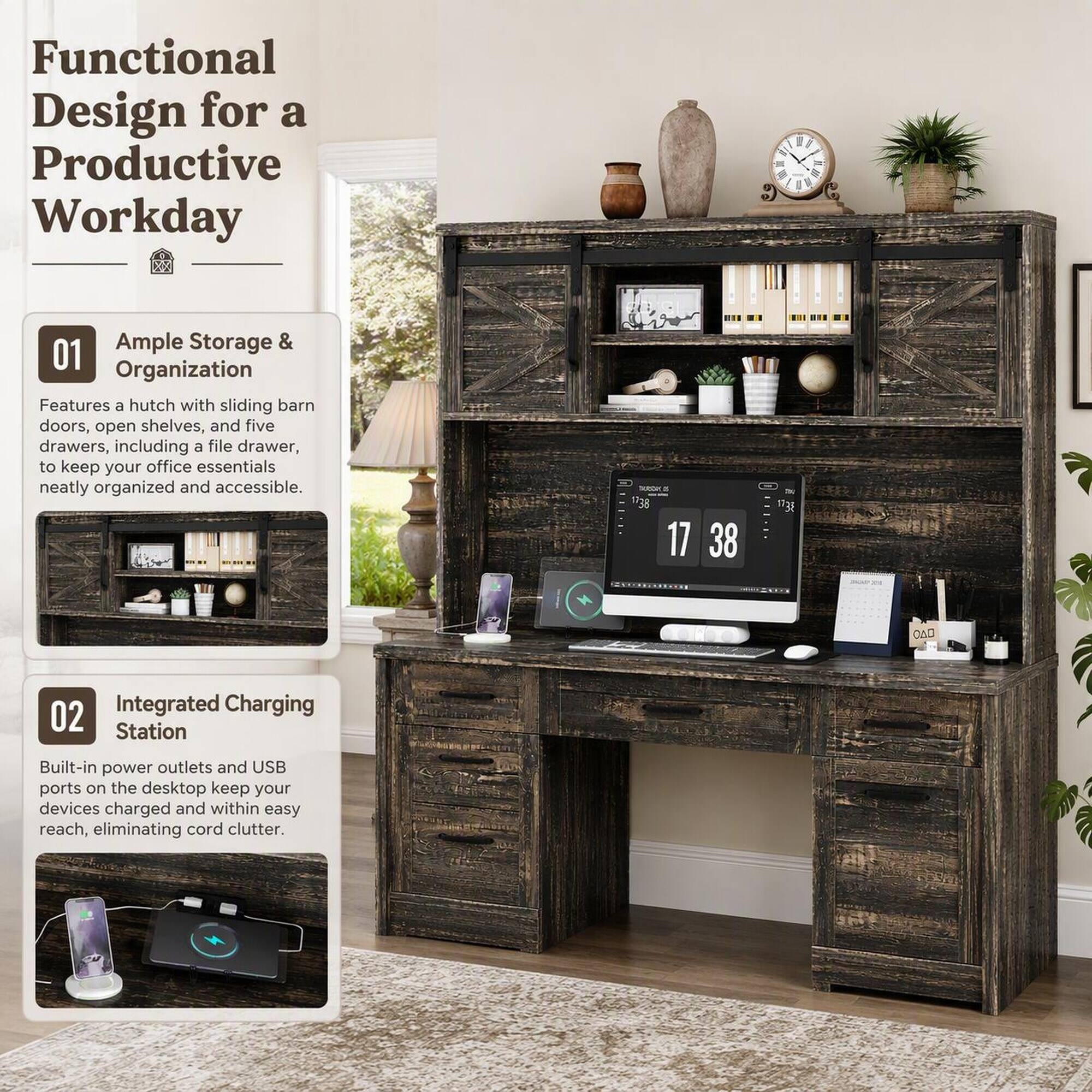 Functional Design for a Productive Workday

01 Ample Storage & Organization
Features a hutch with sliding barn doors, open shelves, and five drawers, including a file drawer, to keep your office essentials neatly organized and accessible.

02 Integrated Charging Station
Built-in power outlets and USB ports on the desktop keep your devices charged and within easy reach, eliminating cord clutter.
