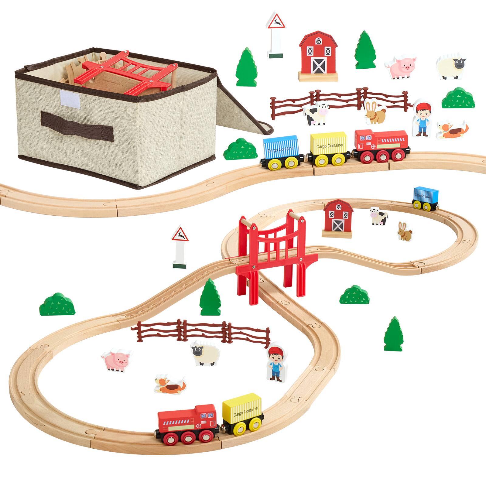 Front. VEVOR - Wooden Train Set, 39PCS, Wood Train Track with Magnetic Trains and Railway Accessories, Compatible with Major Brands - Wood color.