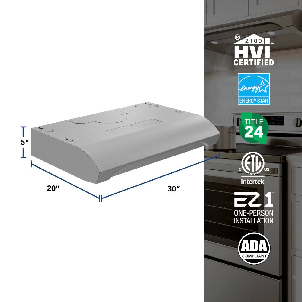 The text on the image reads: "R 2100 HVI CERTIFIED energyi ENERGY STAR T i 5" T 20" 30" o TITLE 24 C ETD US LISTEO Intertek EZ1 1 ONE-PERSON INSTALLATION D ADA COMPLIANT."